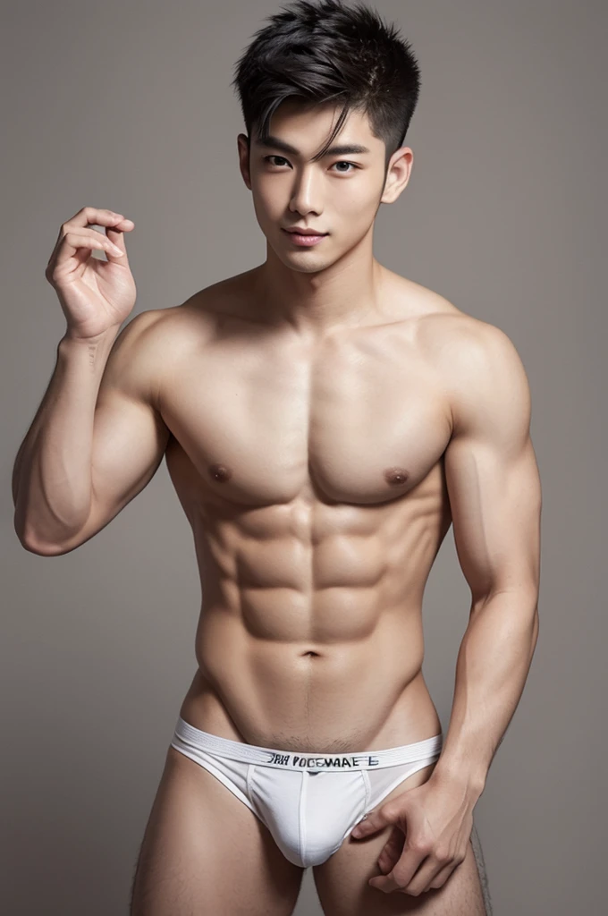 Japanese male model in a briefs, Full Body Shoot, Quiff haircut, look at camera, detailed facial parts, Manly, Charmer, Active Boy, stand in front of gray background, Freestyle Pose, Happy Expression, perfect anatomy, symmetric body, asian boy 19 years old, shirtless :: high detail, asian, a little six packs attractive body, realistic, human skin, Short Hairstyle, handsome chad chin, shirtless, handsome, attractive, masculine, sexually attractive, human skin, (eyes contact), Handsome, Attractive