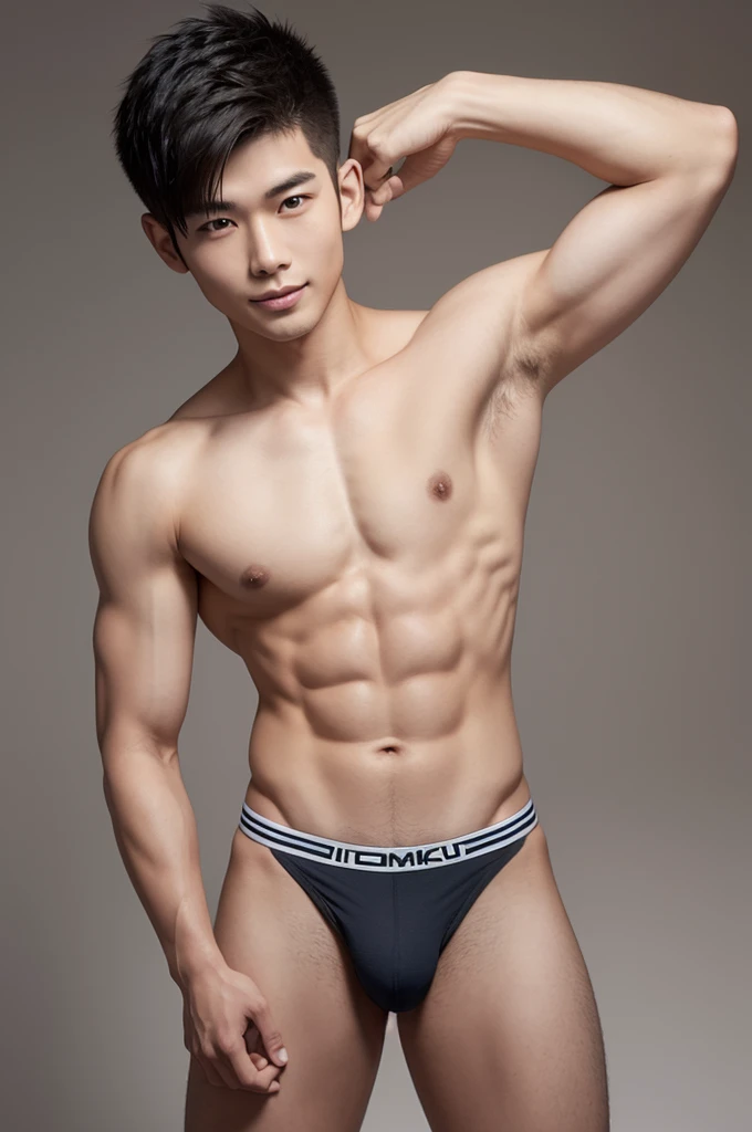 Japanese male model in a briefs, Full Body Shoot, Quiff haircut, look at camera, detailed facial parts, Manly, Charmer, Active Boy, stand in front of gray background, Freestyle Pose, Happy Expression, perfect anatomy, symmetric body, asian boy 19 years old, shirtless :: high detail, asian, a little six packs attractive body, realistic, human skin, Short Hairstyle, handsome chad chin, shirtless, handsome, attractive, masculine, sexually attractive, human skin, (eyes contact), Handsome, Attractive