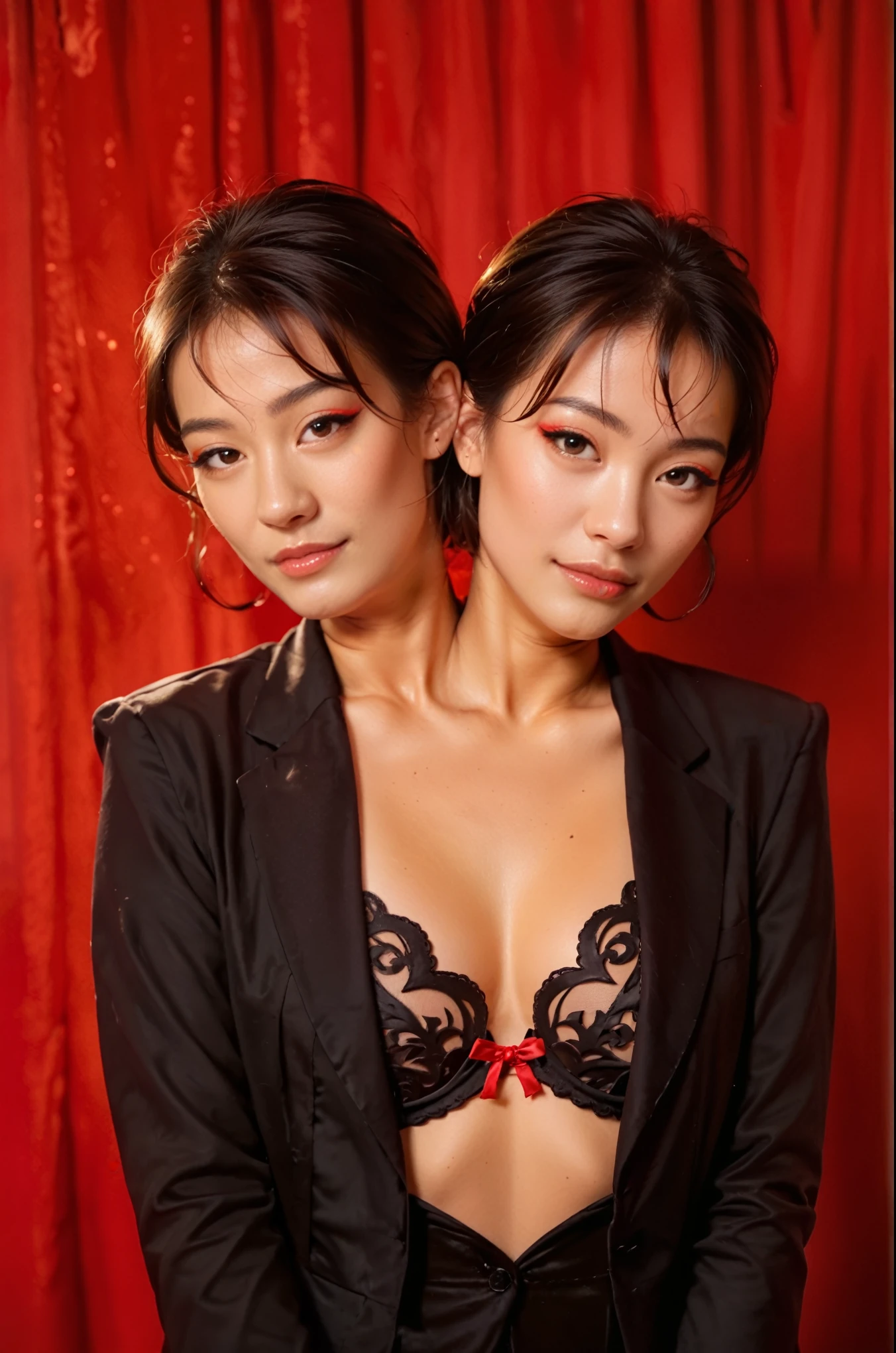 score_9, score_8_up, score_7_up, Beautiful Lighting, , young asian woman dressed in a black suit, red background, short hair, flirty, undressing, attractive, full body devil woman, conceptual art, seductive, 2heads, twoheads, upper body
