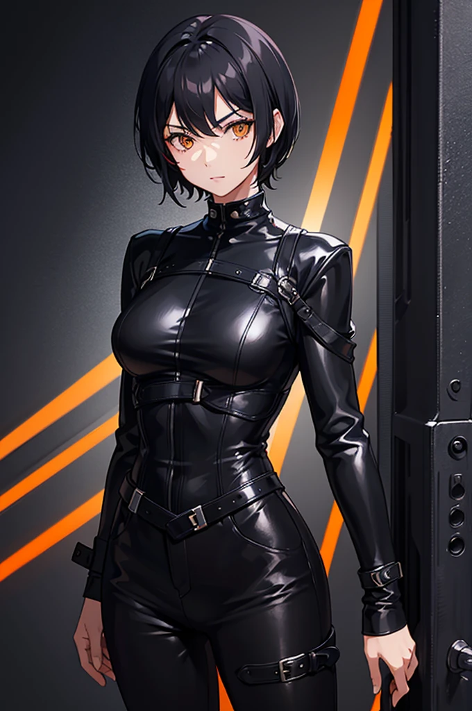 1woman, short hair, black hair, orange eyes, black leather outfit, standing on ground, high res, ultra sharp, 8K, masterpiece
