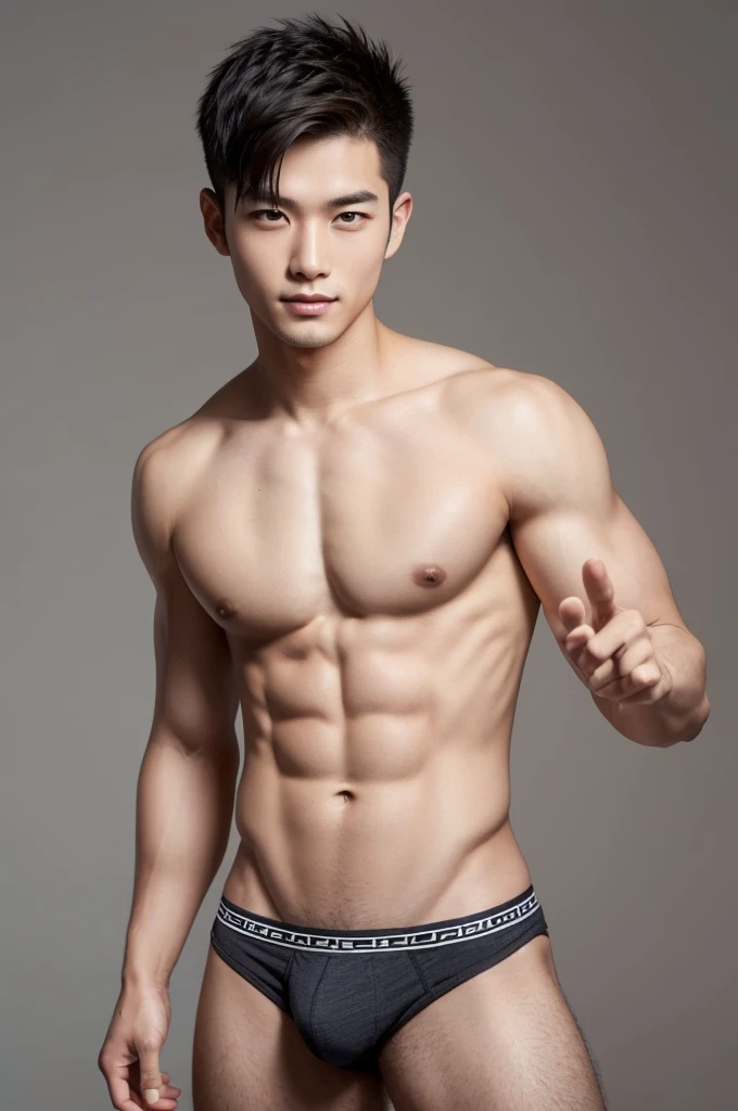 Japanese male model in a briefs, Full Body Shoot, Quiff haircut, look at camera, detailed facial parts, Manly, Charmer, Active Boy, stand in front of gray background, Freestyle Pose, Happy Expression, perfect anatomy, symmetric body, asian boy 19 years old, shirtless :: high detail, asian, a little six packs attractive body, realistic, human skin, Short Hairstyle, handsome chad chin, shirtless, handsome, attractive, masculine, sexually attractive, human skin, (eyes contact), Handsome, Attractive