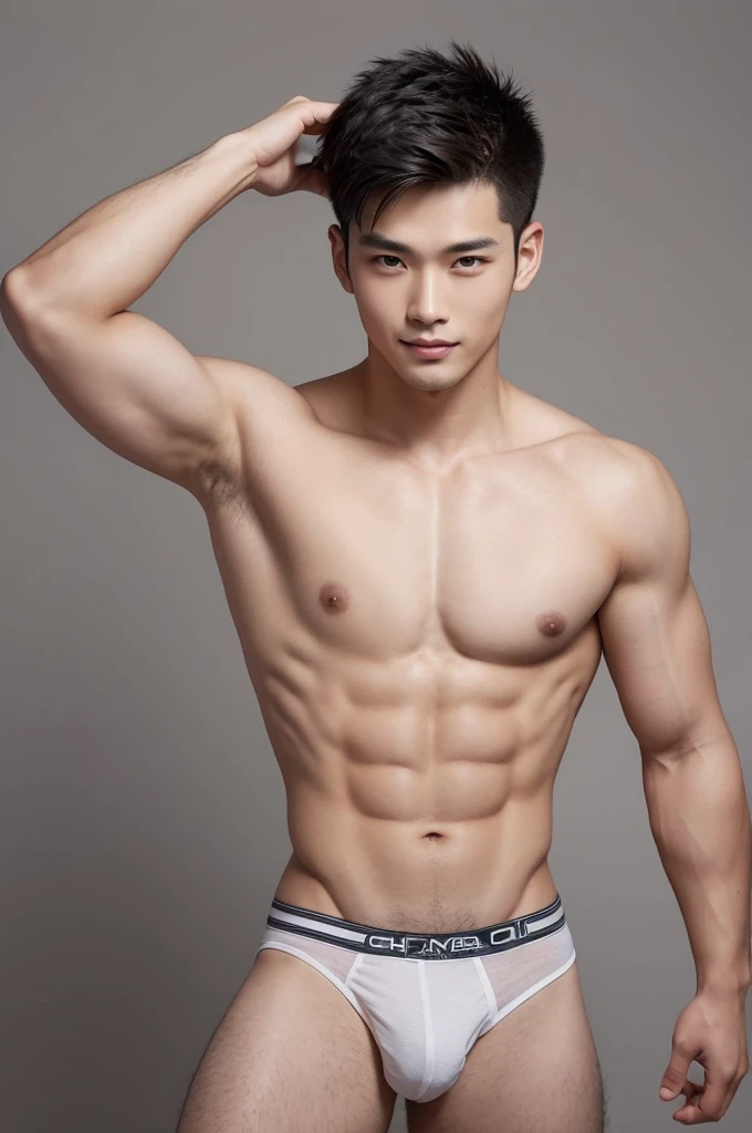 Japanese male model in a briefs, Full Body Shoot, Quiff haircut, look at camera, detailed facial parts, Manly, Charmer, Active Boy, stand in front of gray background, Freestyle Pose, Happy Expression, perfect anatomy, symmetric body, asian boy 19 years old, shirtless :: high detail, asian, a little six packs attractive body, realistic, human skin, Short Hairstyle, handsome chad chin, shirtless, handsome, attractive, masculine, sexually attractive, human skin, (eyes contact), Handsome, Attractive