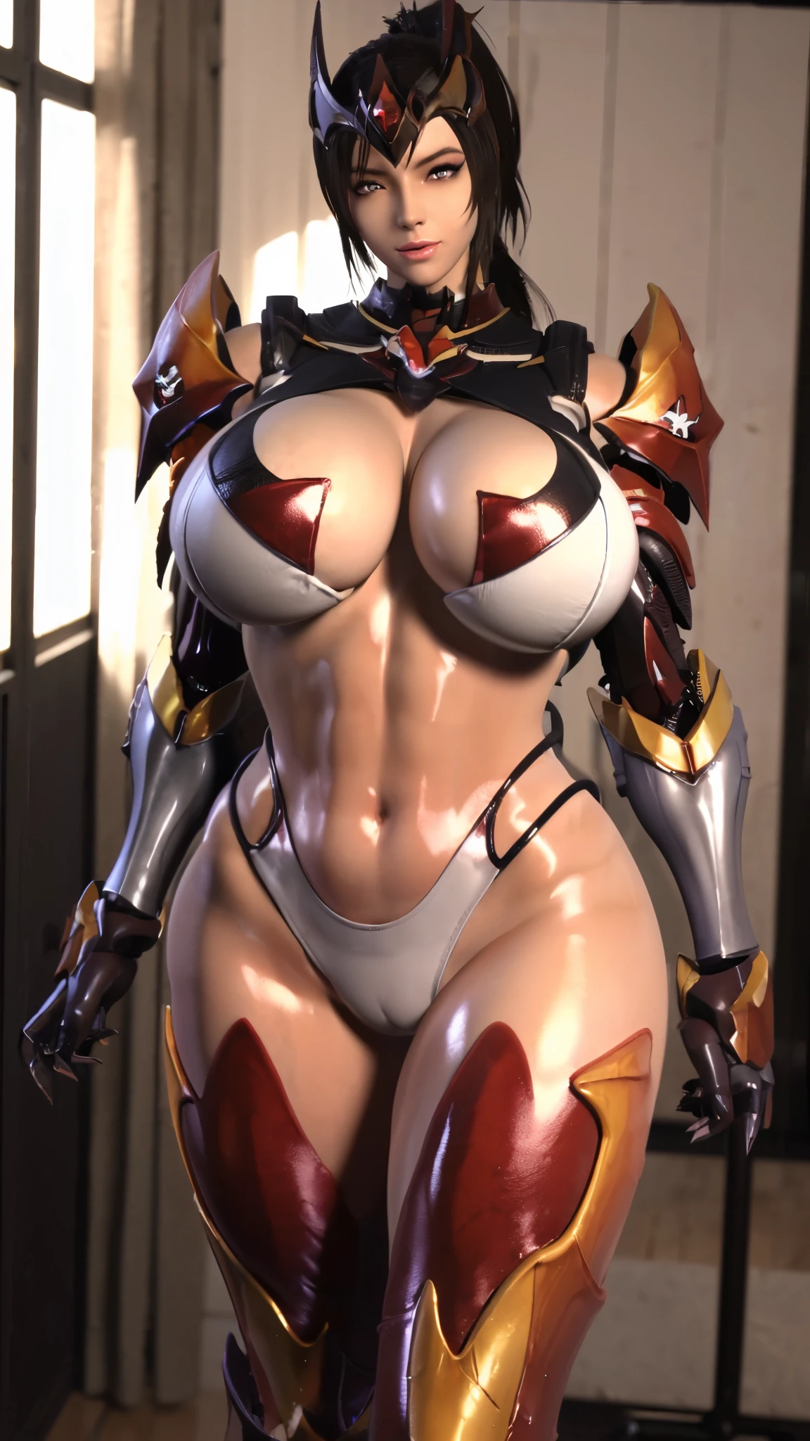 TEKKEN_REINA, CLOSE UP UPPER BODY,SOLO, COWBOY SHOT, ((EVIL DRAGON MECHA HORN,WHITE HIGHT PONYTAIL HAIR)), (GIGANTIC FAKE BREASTS,CLEAVAGE TOP,11 LINE ABS:1.5), ((WEARING OUTFIT MECHA GOLDEN CRIMSON DARK EVIL DRAGONOID ARMORED, SKINTIGHT PANTS:1.5)), (MUSCULAR BODY SHAPE:1.5), (CLEAN GLOSSY BODYSKIN:1.5), (LOOKING AT VIEWER:1.6), (BACKGROUND FUTURISTIC SPACE STATION:1), (PHOTOREALSITIC:1.4), (ULTRA-DETAILLIERT), (TOP-QUALITY), (BEST SHADOWS), BRIGHT LIGHT IN ROOM, HYPER TEXTURE, (4X MSAA), ((UNREAL ENGINE 5 RENDER)), (NEON), PHYSICALLY-BASED RENDERING, ULTRA HIGHT DEFINITION, 16K, 1080P.