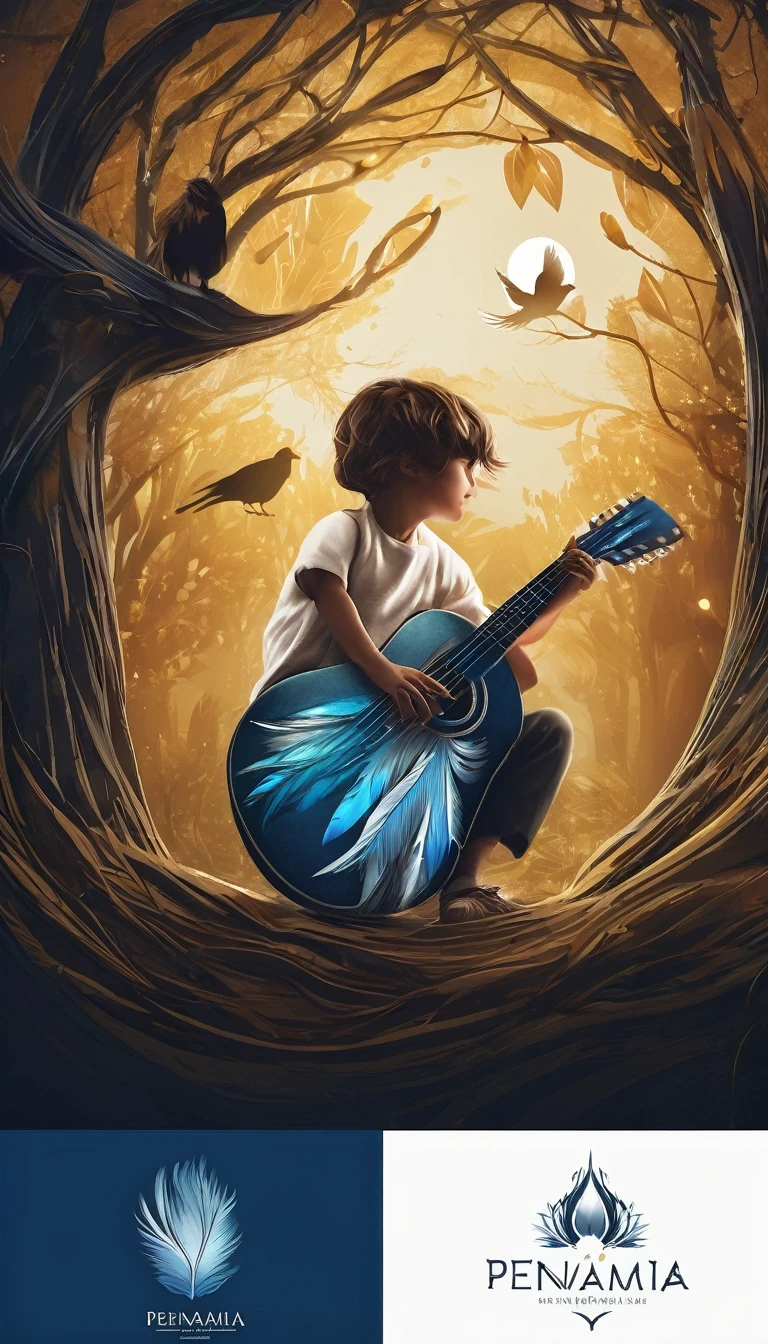 Create a cinematic, abstract symbol for a storytelling production brand based on stories and dreams called " Penamemoria". The logo should convey a fantasy theme and include the company of a boy and a feather. Fantastic, memorable, poetic, dreamy, sitting against a tree and playing guitar to a fantastic, unique, poetic white-blue-golden feather.