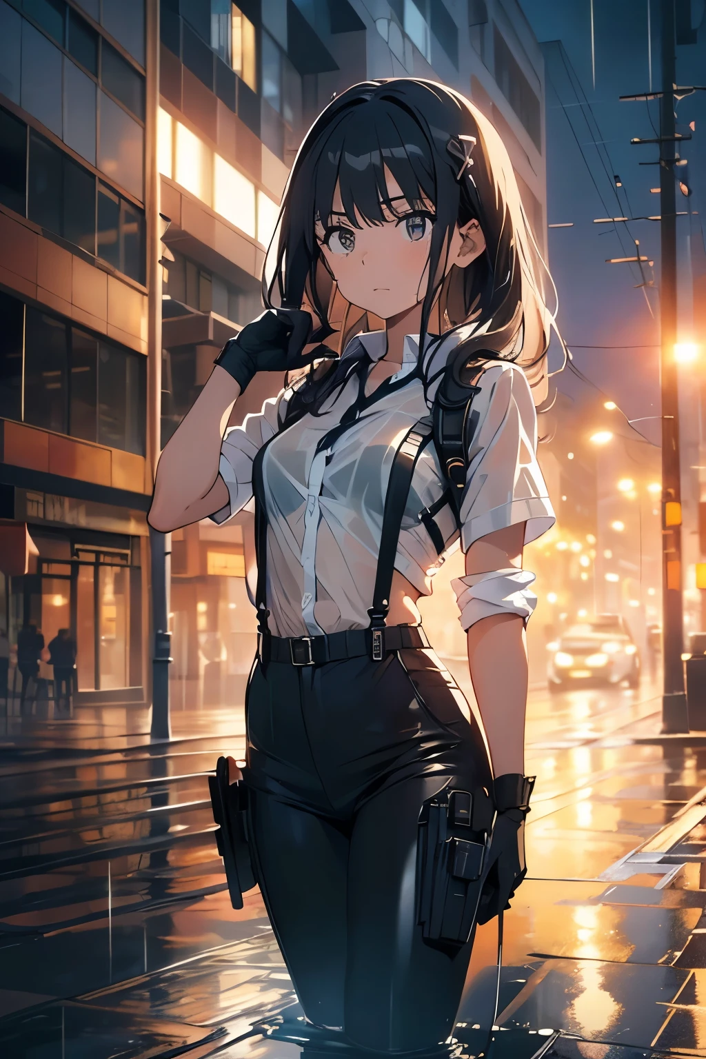 1 female, , high quality, masterpiece, Ultra-high resolution, , Cinema Lighting, , , And the suspenders with the cranes flying　　　Large Breasts　 　 　　　　Small face　 　　　holster　　　　　　　 Lying in bed　Looking up　　　　Sweat 　　　belt　summer　脇Sweat 　Black Hole Gloves　suit　shirt　　Black jacket　 Black trousers　Leg Links　ズボンにbelt　　holster　 　　Hands behind your back　 Anxious expression　Looking up　Anxious face, legs apart　Armament　Handgun　handcuffs　Cable ties　レッグholster　holster　See-through clothing　heavy rain　Getting wet in the rain