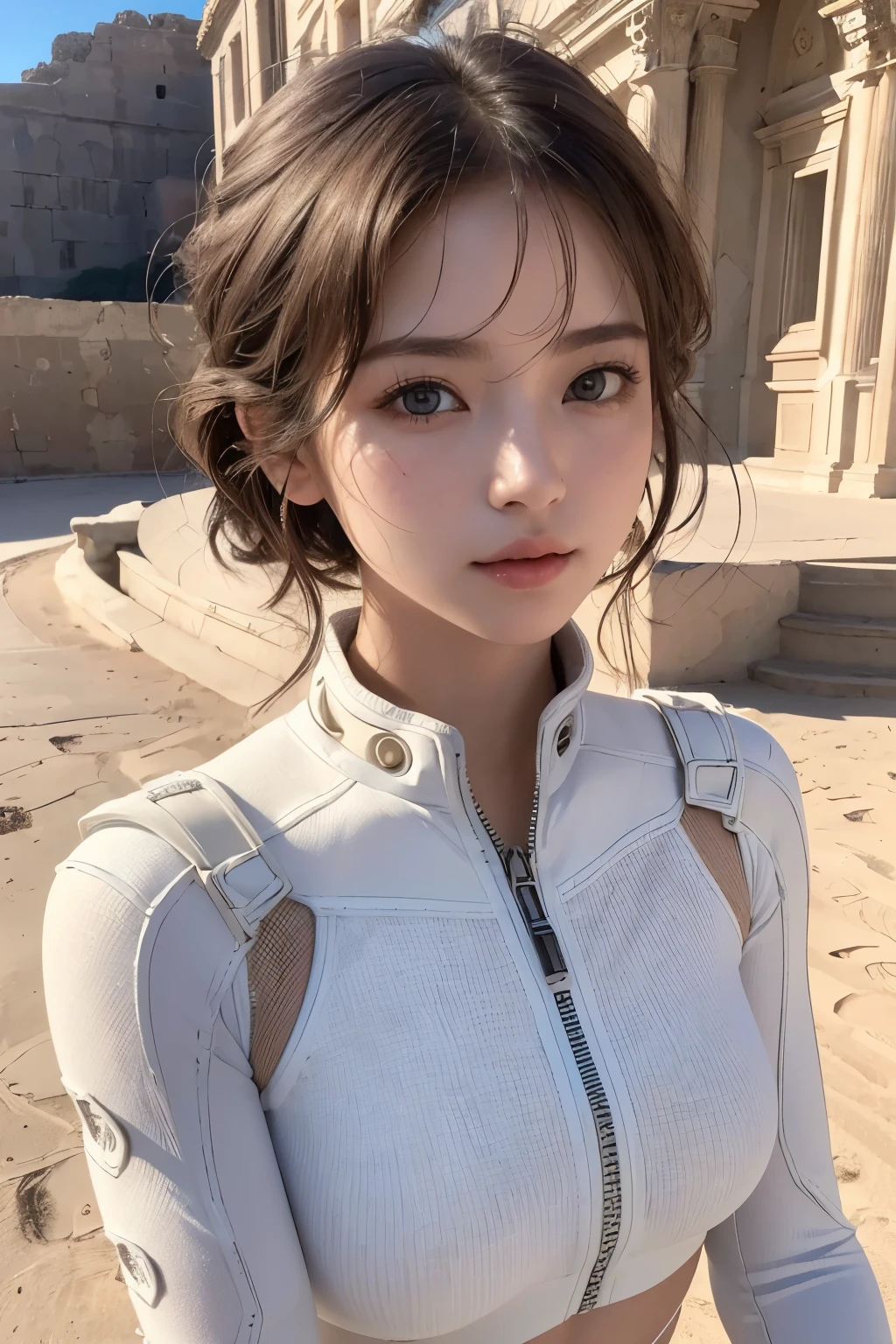 Ultra-high resolution、(masterpiece:1.3), (8k, Best image quality: 1.4)、 (Real:1.4)、One beautiful woman、Beautifully detailed eyes and skin、Micro Smile、Light brown short hair、Small Bust、White smart space suit with embellishments、Wide desert、Intense sunlight、Stone ruins、