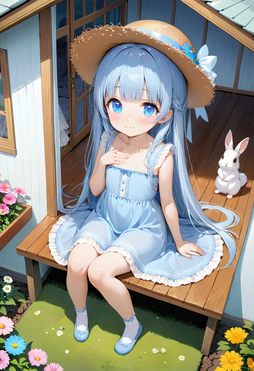 masterpiece, best quality, extremely detailed, (illustration, official art:1.1), 1 girl ,(((( light blue long hair)))), ,(((( light blue long hair)))),light blue hair, , long hair ((blush)) , cute face, big eyes, masterpiece, best quality,(((((a very delicate and beautiful girl))))),Amazing,beautiful detailed eyes,blunt bangs((((little delicate girl)))),(((tareme))),droopy eyes.(true beautiful:1.2), sense of depth,dynamic angle,,,, affectionate smile, (true beautiful:1.2),,(tiny 1girl model:1.2),)(flat chest),(((masterpiece))),(((best quality))),((ultra-detailed)),
cute,a flower house,Rabbit, Squirrel,beauty,a girl wiht grass-hat,flowers,, veranda, very Cute clothes, a girl sitting on the veranda, 