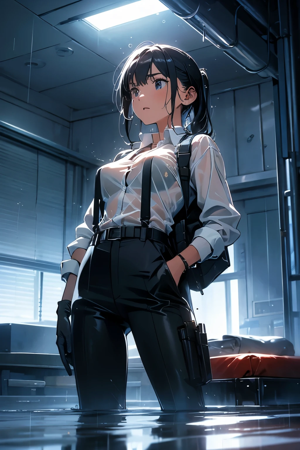 1 female, , high quality, masterpiece, Ultra-high resolution, , Cinema Lighting, , , And the suspenders with the cranes flying Large Breasts Small face holster Lying in bed Looking up Sweat belt summer 脇Sweat Black Hole Gloves suit shirt Black jacket Black trousers Leg Links ズボンにbelt holster Hands behind your back Anxious expression Looking up Anxious face, legs apart Armament Handgun handcuffs Cable ties レッグholster holster See-through clothing heavy rain Getting wet in the rain