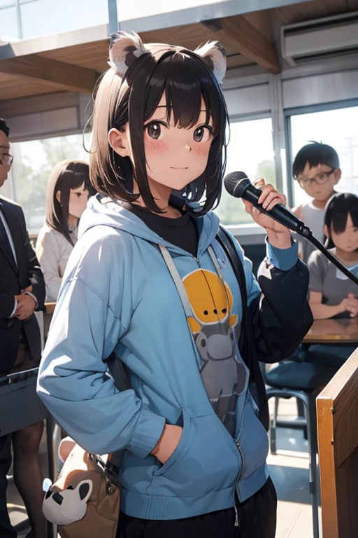 A man wearing a koala costume is giving a speech。