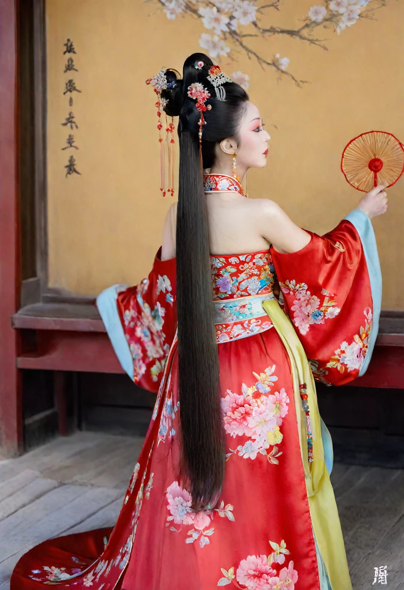 In the Qing Dynasty palace、Her breasts are large and her legs are spread wide、Bend your knees to make a V shape(Porn Pose)、Tying up your hair、She is shown in profile wearing a gorgeous Chinese empress's headdress.。In the background is the cobblestones outside a Qing Dynasty Chinese palace。