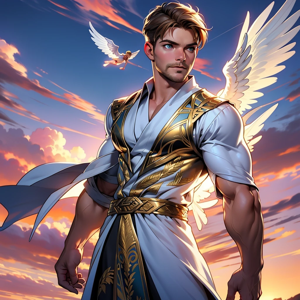 32k,masterpiece, best quality, detailed face, natural eyes,1man, solo mature man, muscled and mature, stephen amell as an angel , wearing a see thru transparent robe with golden embroidery , wearing 2 DOMINANT angel's wings , showing muscles ,floating and flying in the sky with clouds ,  full body, intricate Detailed background at sunset