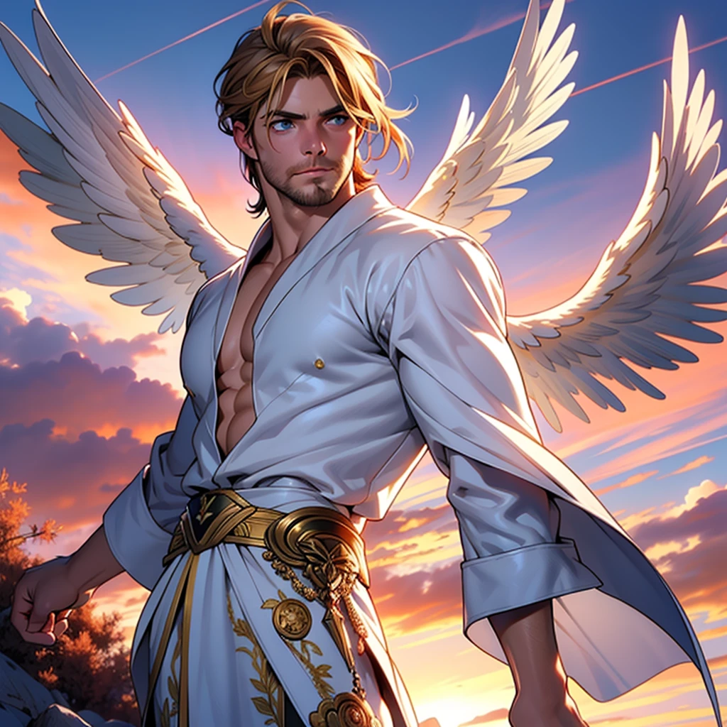 32k,masterpiece, best quality, detailed face, natural eyes,1man, solo mature man, muscled and mature, stephen amell as an angel , wearing a see thru transparent robe with golden embroidery , wearing 2 DOMINANT angel's wings , showing muscles ,floating and flying in the sky with clouds , full body, intricate Detailed background at sunset