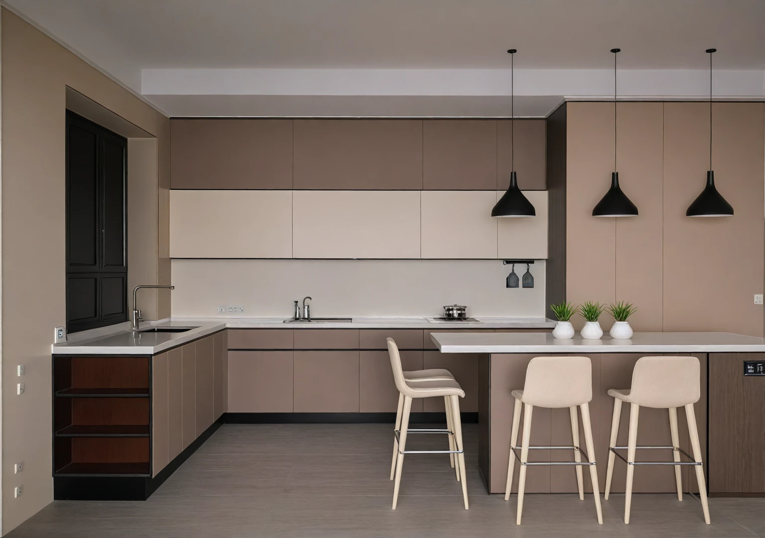 Raw photo,Masterpiece, high quality, best quality, authentic, super detail,
indoors, interior ,aiaigroup, ,kitchen room, kitchen cabinet, modern style, daylight