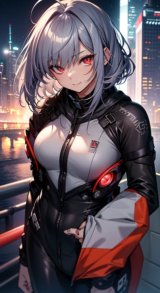 top-quality、Top image quality、in 8K,4K,masterpiece、、Ultra-detail、Beautiful、ultra-quality、adult-like、Cool、girl with(((18year old、rubbersuit:1.2、、silber hair、a short bob、Red Eyes、erotick:1.1、Happiness、The tattoo)))、hiquality、visualart、Background with((nightcity:1.2))、masutepiece,Wide-angle shot,