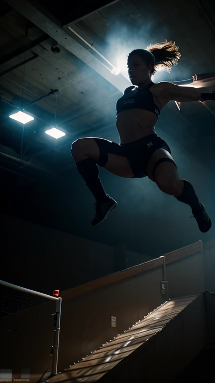 a dynamic sports photography scene, professional athlete performing a mid-air jump, dynamic motion blur, dramatic lighting, striking silhouette, vibrant colors, high contrast, ultrawide angle lens, cinematic composition, action-packed, energetic, 4k, high resolution, photorealistic, beautiful detailed face, muscular athletic body
