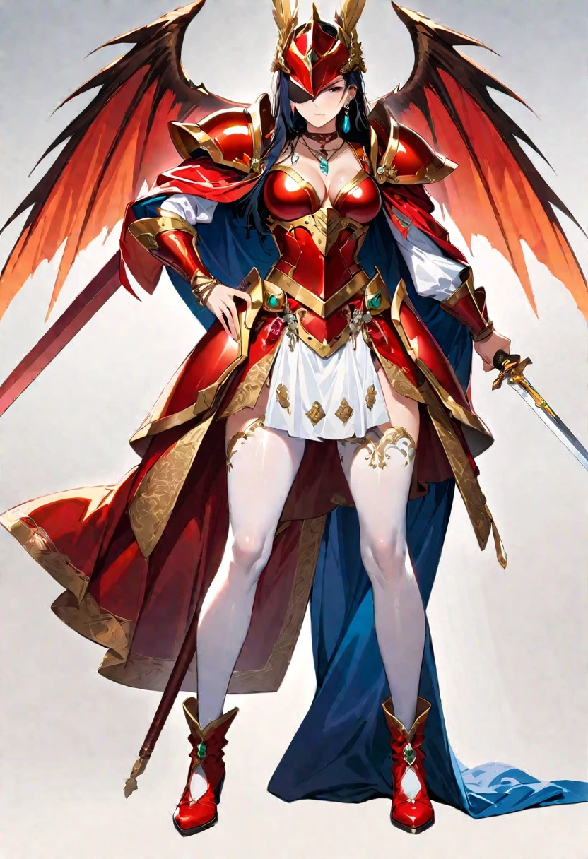 1 young beautiful woman,(Highest quality,Extremely detailed depiction,Incredibly absurd high resolution,Anatomically accurate depiction,Curvy Legs),(Glowing Skin,Shiny skin),(A female swordsman with a noble air),(Red Armor,Red Boots,Metal embroidery,Transparent gemstones and precious metals decoration,Exquisite armor detailing,Holy sword,Valkyrie Helmet,Cape,White tights),(Blue Eyes,Detailed pupil,Half-closed eyes:1.3,Shadowed face,lipstick,There is cleavage in the chest,Cool look),eyelash,Luxury accessories,Earrings,necklace,Bracelet,Standing posture
