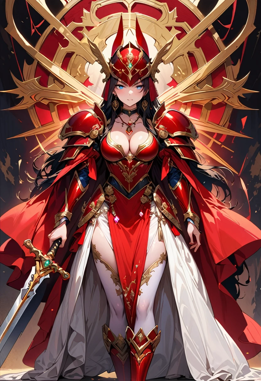 1 young beautiful woman,(Highest quality,Extremely detailed depiction,Incredibly absurd high resolution,Anatomically accurate depiction,Curvy Legs),(Glowing Skin,Shiny skin),(A female swordsman with a noble air),(Red Armor,Red Boots,Metal embroidery,Transparent gemstones and precious metals decoration,Exquisite armor detailing,Holy sword,Valkyrie Helmet,Cape,White tights),(Blue Eyes,Detailed pupil,Half-closed eyes:1.3,Shadowed face,lipstick,There is cleavage in the chest,Cool look),eyelash,Luxury accessories,Earrings,necklace,Bracelet,Standing posture