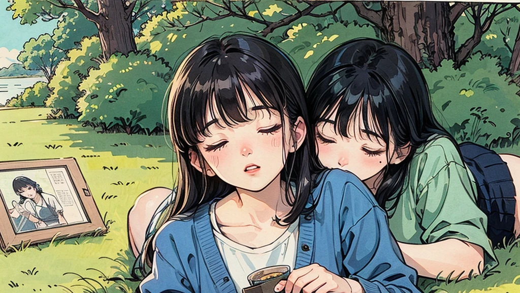 (Highest quality:0.8)、(Highest quality:0.8)、Super detailed、Analog illustration、Koto Tsumi \(style\)、masterpiece、Highest quality、Close-up portrait of a woman、80年代アニメstyle, Retro, Lo-Fi、In nature、Sleeping on the grass、20-year-old woman、1990、Comic Strip、Art illustration、Retroポップ、