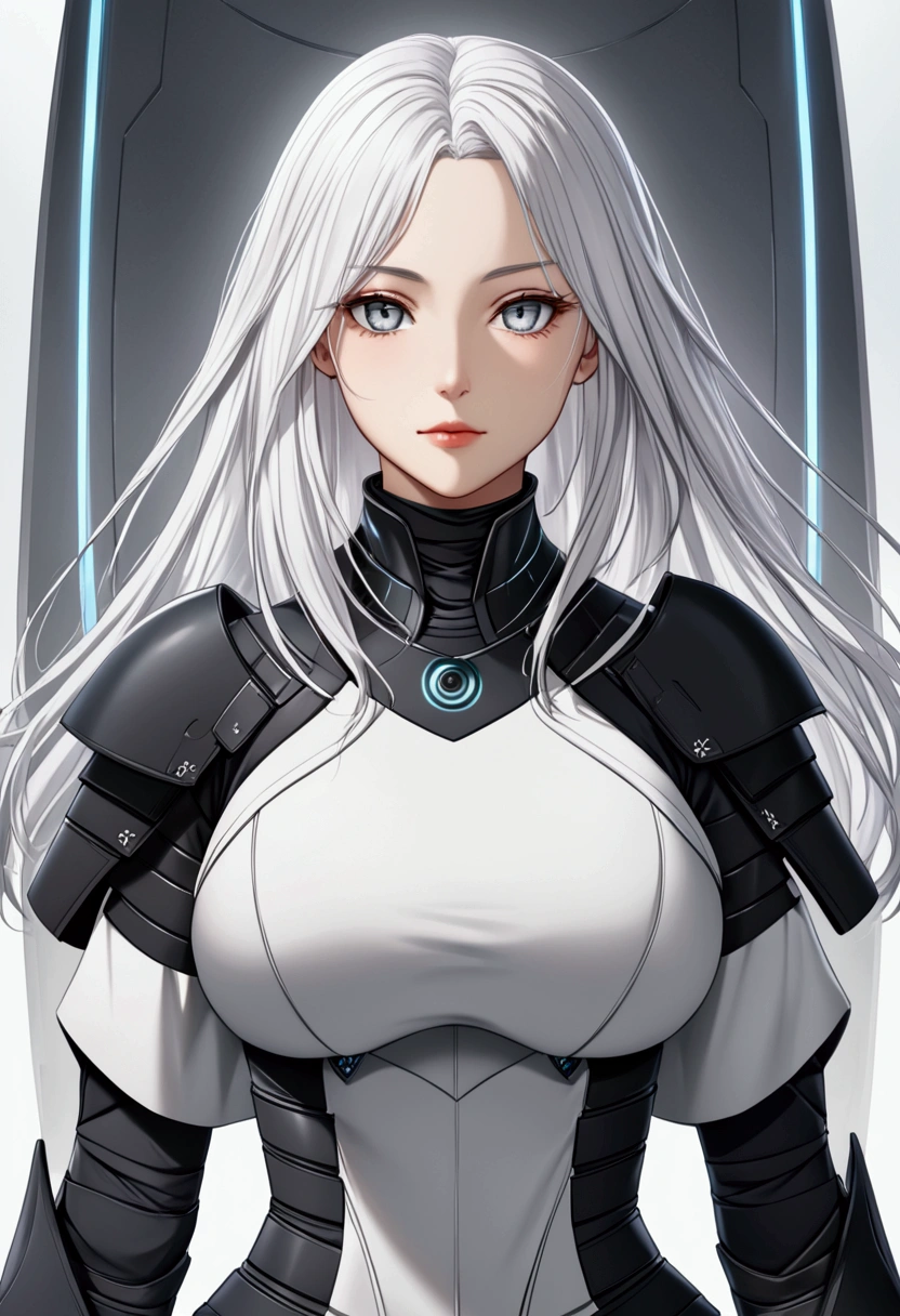 A girl with long smooth white hair,mature grey eyes,fair skin tone, average height,stealth suit, detailed eyes, detailed body,long shot, 8k highres best quality. 