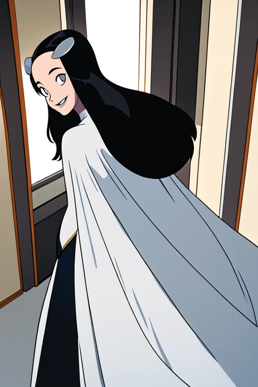 Tinya Wazzo, solo,black hair, long hair. grey eyes, smile, grey lips, white cape, best quality, masterpiece, 1girl, Masterpiece, Best Quality, Detail, room, From Behind, From Below, cape in front, standing