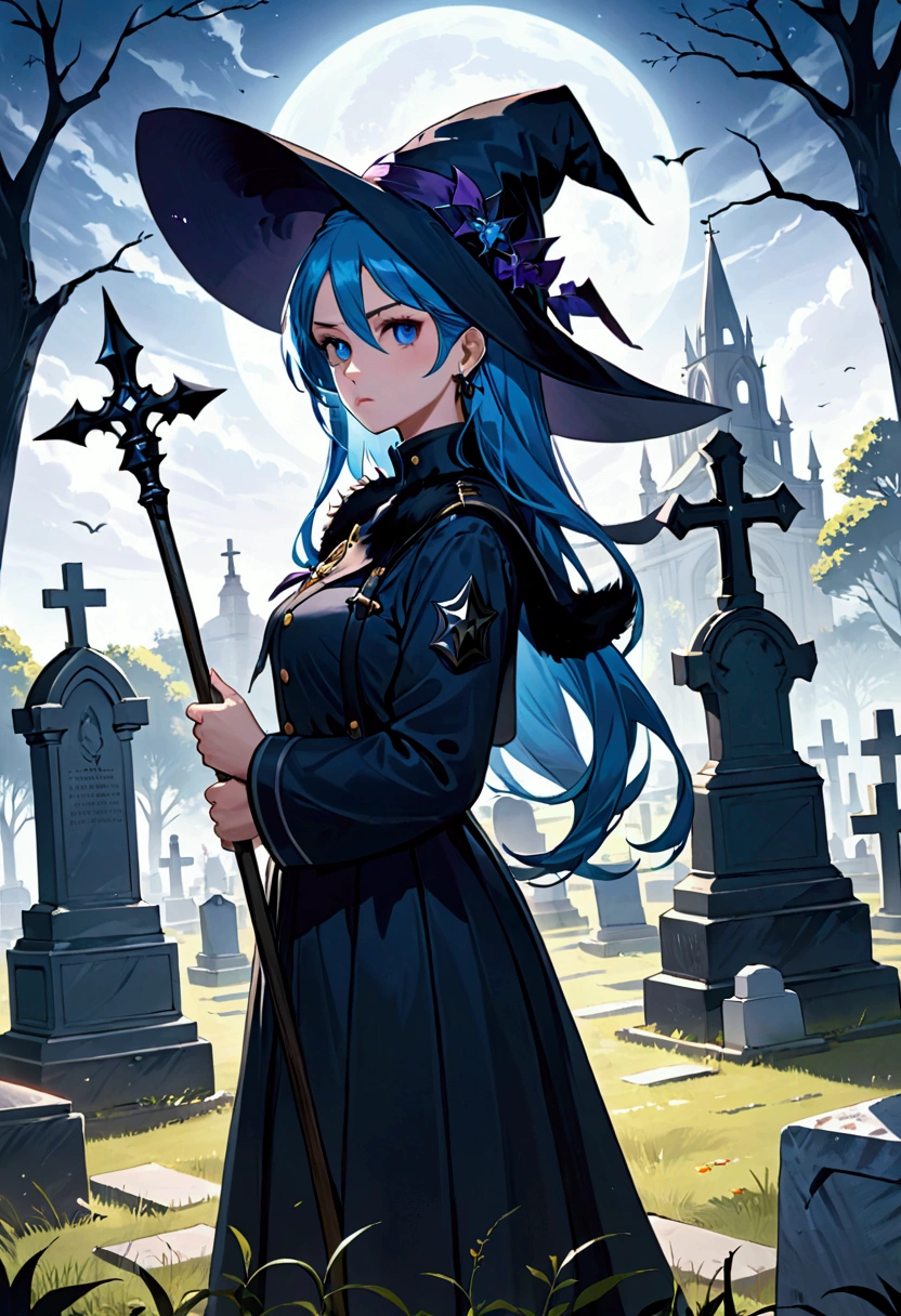 masterpiece, high quality,  highres,
(1girl), (wearing black pointed hat), necromancer, evil smile, stand in front of graveyard, (cyan color sceme), ominious atmosphere, mist, night,moon, (surrounded by skulls),
bottle  bottom,lampstand,pedestal,platform,