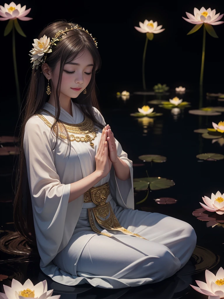 best quality，Masterpiece：1.2，More details，Beautiful young goddess gently closed her eyes..，smile softly. She is praying and meditating with her hands folded. She was wearing a white dress with stars shining in the blue night sky..., you sit on a lotus flower，In a fantastic atmosphere，feel like me&#39;I am one with the universe. high resolution, 8k