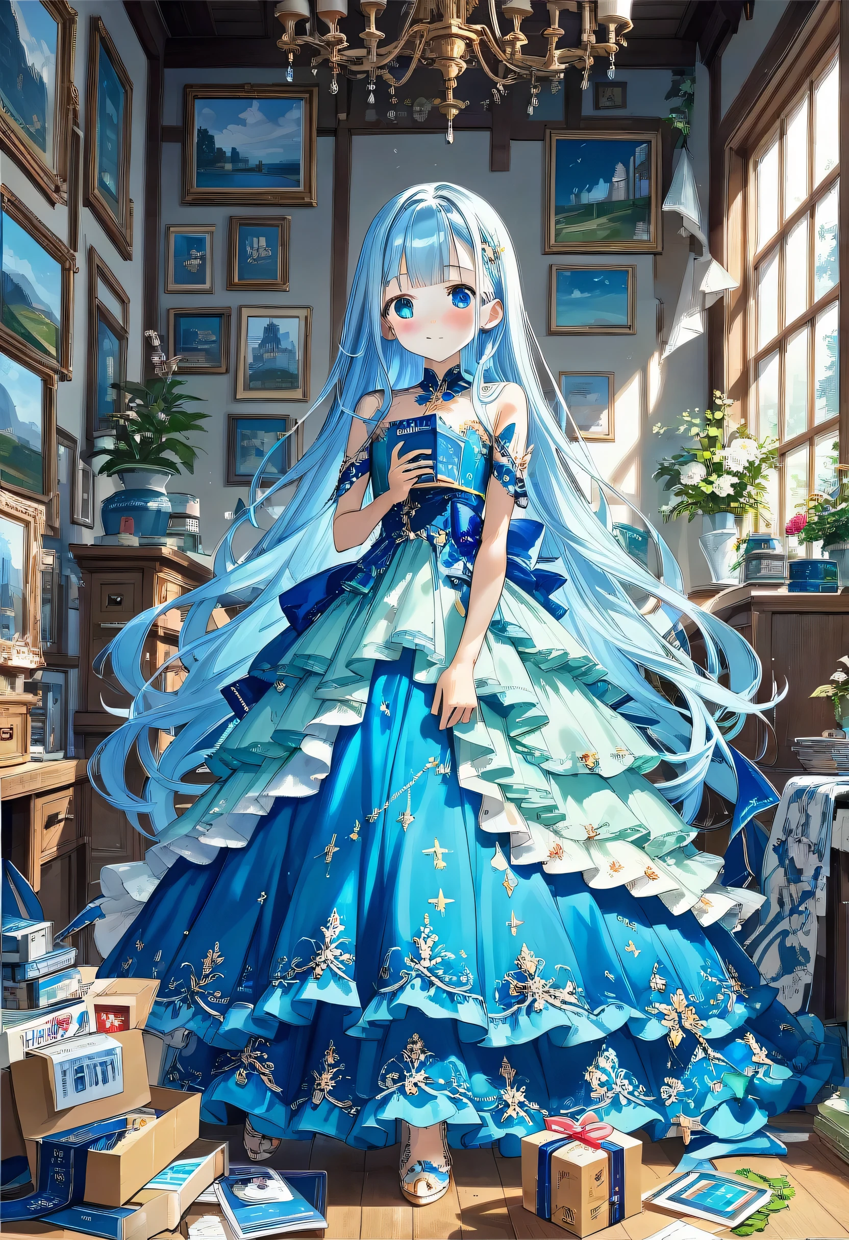  masterpiece, best quality, extremely detailed, (illustration, official art:1.1), 1 girl ,(((( light blue long hair)))), ,(((( light blue long hair)))),light blue hair, , long hair ((blush)) , cute face, masterpiece, best quality,(((((a very delicate and beautiful girl))))),Amazing,beautiful detailed eyes,blunt bangs((((little delicate girl)))),(((tareme))),droopy eyes.(true beautiful:1.2), sense of depth,dynamic angle,,,, affectionate smile, (true beautiful:1.2),,(tiny 1girl model:1.2),)(flat chest),bend at the waist、Movers、Trying to lift a cardboard box off the floor、Pink haired woman、blue eyes,moving,room,tidying up,cardboard, As (she carries the carton box:1.3), she looks excited about living in her new room.