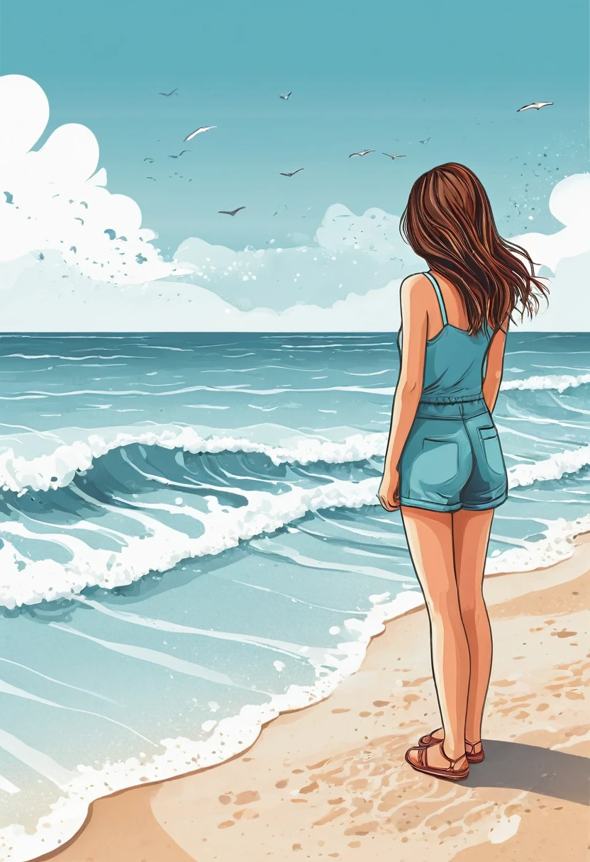 Create an illustration where a girl stands on the beach and looks at the ocean 