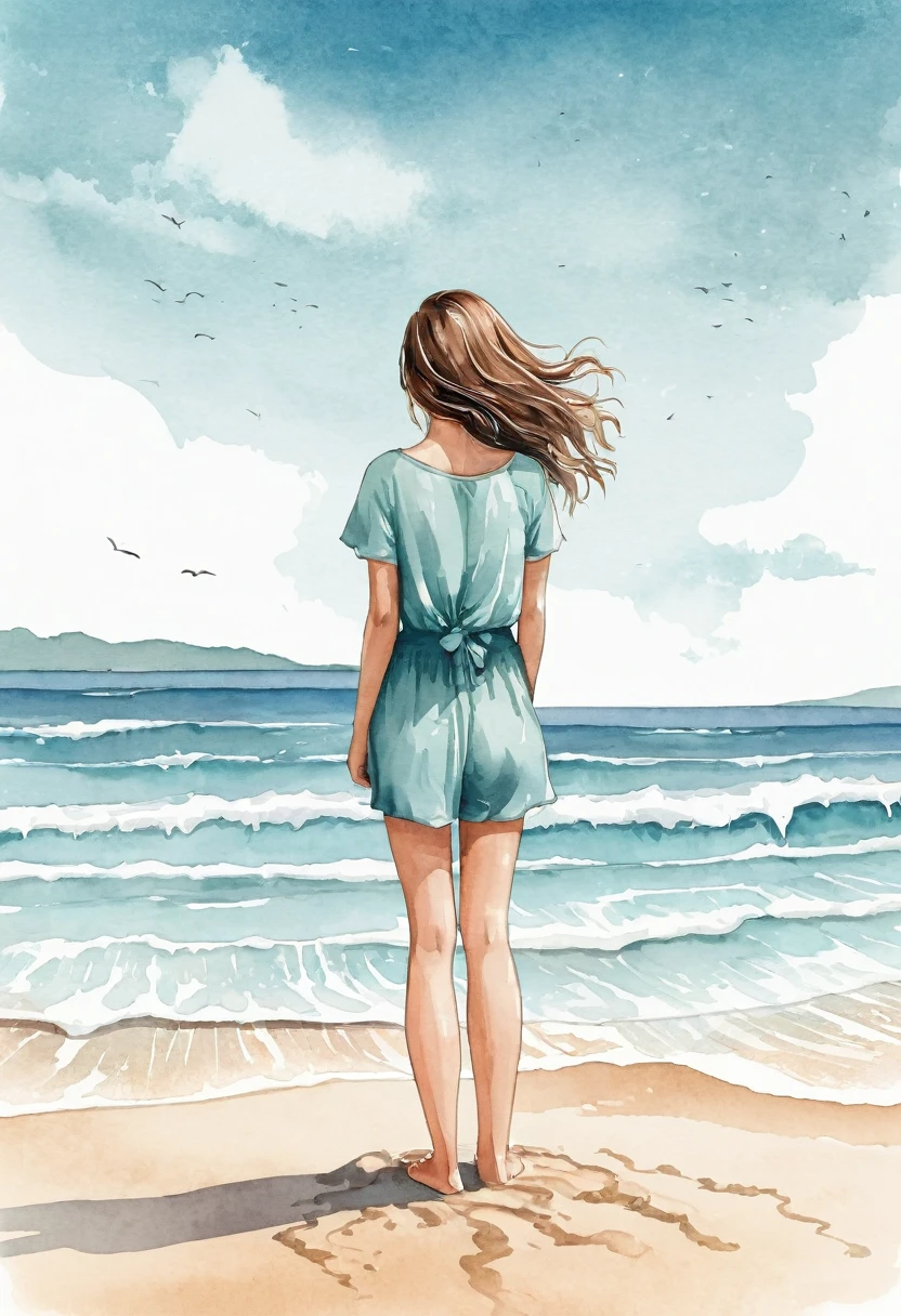 Create an illustration where a girl stands on the beach and looks at the ocean