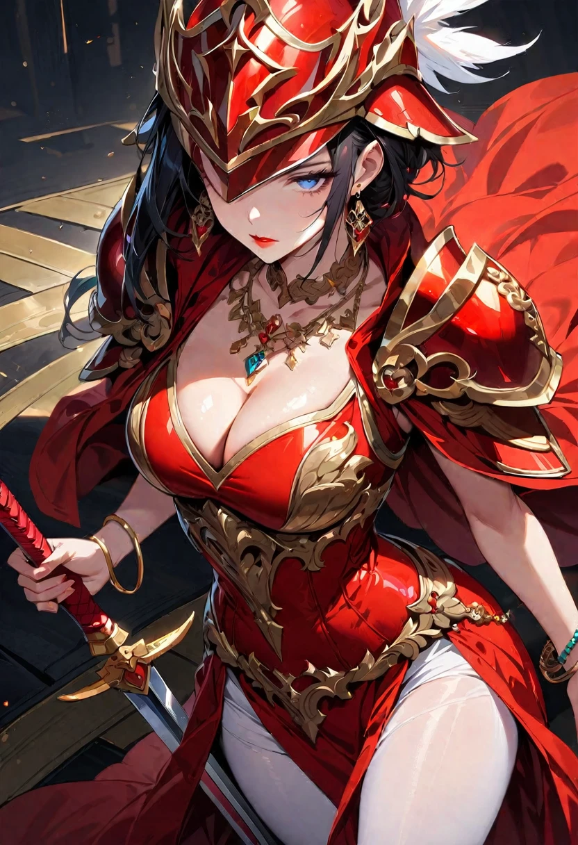 1 young beautiful woman,(Highest quality,Extremely detailed depiction,Incredibly absurd high resolution,Anatomically accurate depiction,Curvy Legs),(Glowing Skin,Shiny skin),(A female swordsman with a noble air),(Red Armor,Red Boots,Metal embroidery,Transparent gemstones and precious metals decoration,Exquisite armor detailing,Holy sword,Valkyrie Helmet,Cape,White tights),(Blue Eyes,Detailed pupil,Half-closed eyes:1.3,Shadowed face,lipstick,There is cleavage in the chest,Cool look),eyelash,Luxury accessories,Earrings,necklace,Bracelet,Standing posture