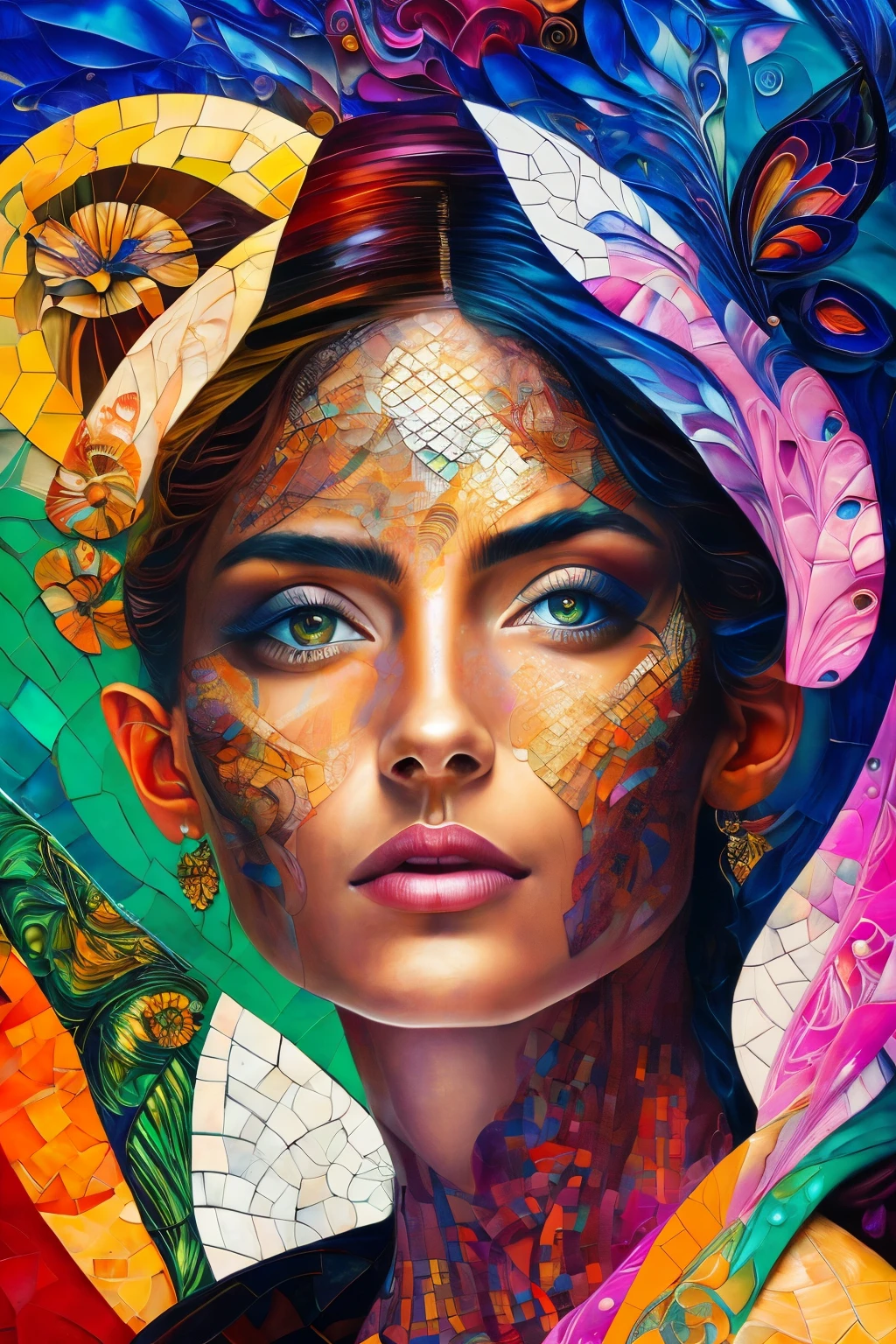 A spectacular collage of women's faces, intricately crafted in a mosaic style, pays homage to the renowned artists Andrew Atroshenko and Peter Gric. The piece is a captivating blend of vibrant neon colors, showcasing the diversity and beauty of various feminine features. Each face is uniquely detailed, merging seamlessly into the next, creating a mesmerizing whole that appears to shimmer and pulsate with life. The composition is masterfully executed, evoking a sense of unity and harmony amidst the individuality of each portrait. This breathtaking work of art is a testament to the artists' ability to breathe life into their creations and transport viewers