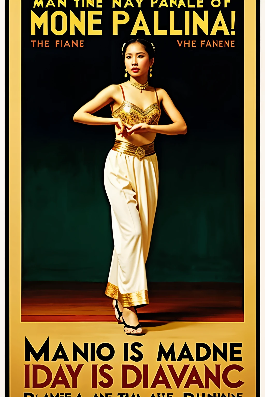 make a simple poster and inside the poster put a dayang dayang dance from the Philippines, a man playing piano, fort santiago, and general luna film