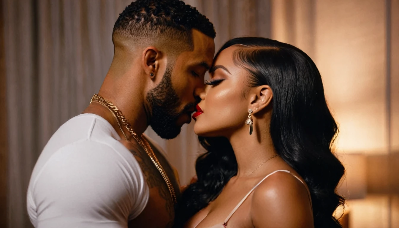 Dominican singer Natti Natasha and a handsome African American male whose facial features are a combo of Omari Hardwick + Kid Cudi + Ray J share a steamy kiss inside a bedroom lit only by candlelight. Natti has lovely makeup on her face. Natti wears red lipstick. Nighttime. Romantic ambiance. Symmetrical eyes. Symmetrical faces. Lovely details. Photorealistic. Full-colored photo. Professional photo. Highly detailed 8K.