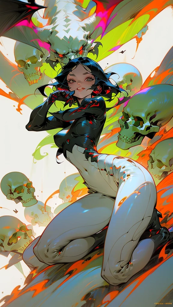 Hyperrealistic A demon woman with ram horns, vampiric teeth, and bat wings. Red mercury drips from her eyes, and her chest compartment is open, revealing a fire sprite burning within. She is in a dynamic pose, kneeling on a pile of skulls, illuminated by melting red candles. The style is futuristic contraptions, depicted in detailed colorful (vibrant and vivid) comic book art. She is surrounded by a nature-filled, surreal environment. The color scheme is luminescent, featuring light black and red tones. The illustration is highly detailed, with intricate elements and a surreal, almost otherworldly atmosphere.