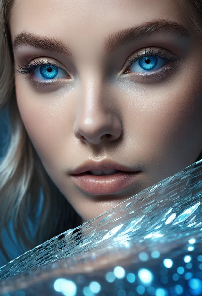 8K,Best quality, masterpiece, ultra high res, (photorealistic:1.4), raw photo, (Authentic skin texture:1.3), (film grain:1.3), (selfie angle),1girl,beautiful detailed deep blue eyes and face, masterpiece, best quality, close-up, black n white, Broken Glass effect, no background, stunning, something that even doesn't exist, mythical being, energy, molecular, textures, iridescent and luminescent scales, breathtaking beauty, pure perfection, divine presence, unforgettable, impressive, breathtaking beauty, Volumetric light, auras, rays, vivid colors reflects
