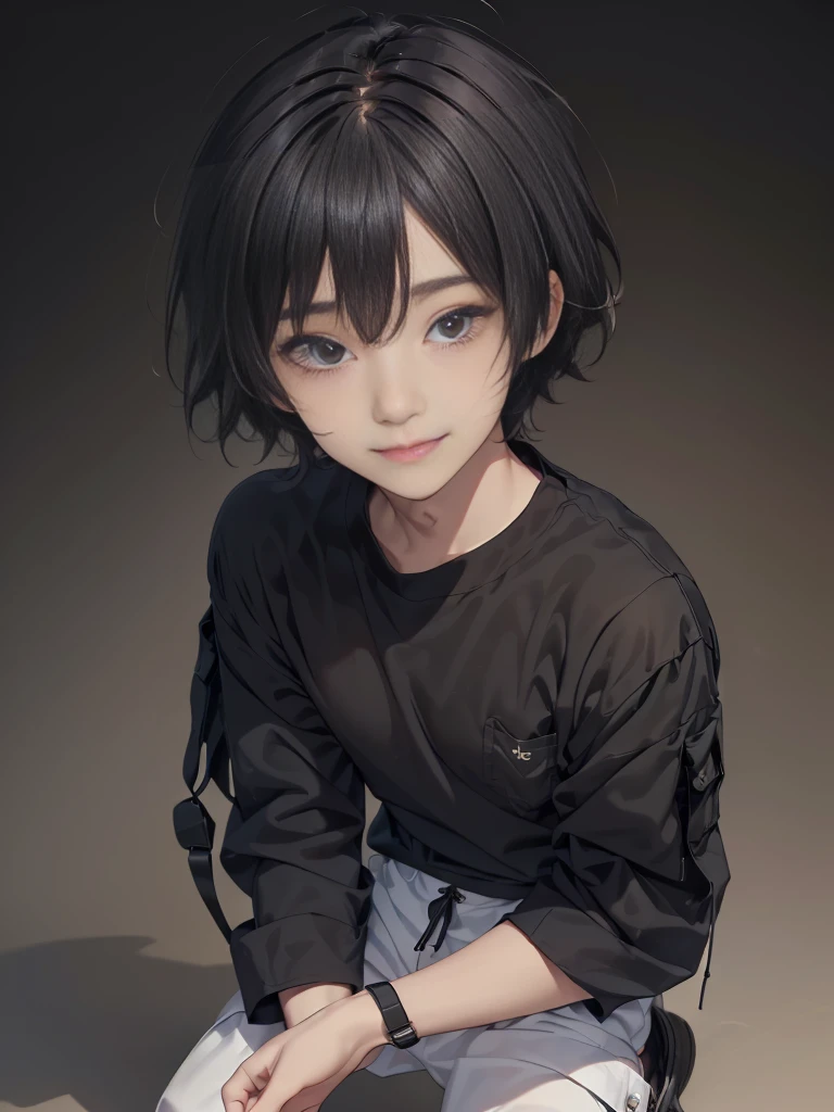Masterpiece, best quality,独奏, one Japanese boy, 18 years old,(tall and thin,sleepy droopy eyes, long face, (thin cheeks:1.2),(black shaggy short hair,blank expression:1.5),(Black long T-shirt,Long sleeve,Olive cargo pants,Black sneakers,Full body portrait:1.5),(Plain background:1.5),(feigned smile,close-up of a face:1.2)