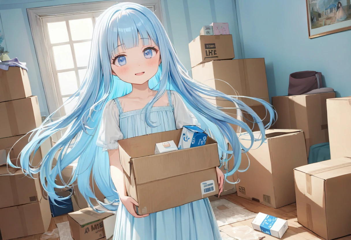 masterpiece, best quality, extremely detailed, (illustration, official art:1.1), 1 girl ,(((( light blue long hair)))), ,(((( light blue long hair)))),light blue hair, , long hair ((blush)) , cute face, masterpiece, best quality,(((((a very delicate and beautiful girl))))),Amazing,beautiful detailed eyes,blunt bangs((((little delicate girl)))),(((tareme))),droopy eyes.(true beautiful:1.2), sense of depth,dynamic angle,,,, affectionate smile, (true beautiful:1.2),,(tiny 1girl model:1.2),)(flat chest),bend at the waist、Movers、Trying to lift a cardboard box off the floor、Pink haired woman、blue eyes,moving,room,tidying up,cardboard, As (she carries the carton 3 box:1.3), she looks excited about living in her new room.
