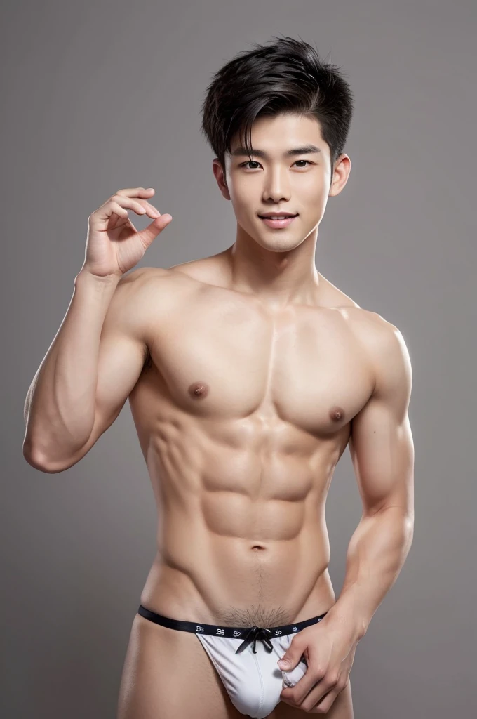 Japanese male model in thongs, Full Body Shoot, Quiff haircut, look at camera, detailed facial parts, Manly, Charmer, Active Boy, stand in front of gray background, Freestyle Pose, Happy Expression, perfect anatomy, symmetric body, asian boy 19 years old, shirtless :: high detail, asian, a little six packs attractive body, realistic, human skin, Short Hairstyle, handsome chad chin, shirtless, handsome, attractive, masculine, sexually attractive, human skin, (eyes contact), Handsome, Attractive