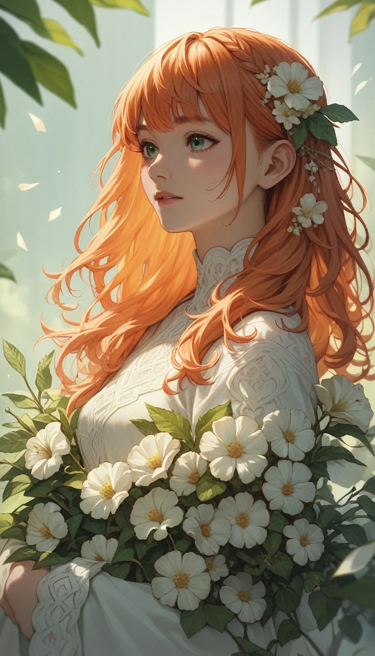 Anime girl, ginger hair with bangs, magical plant outfit, fully rendered, detailed hair