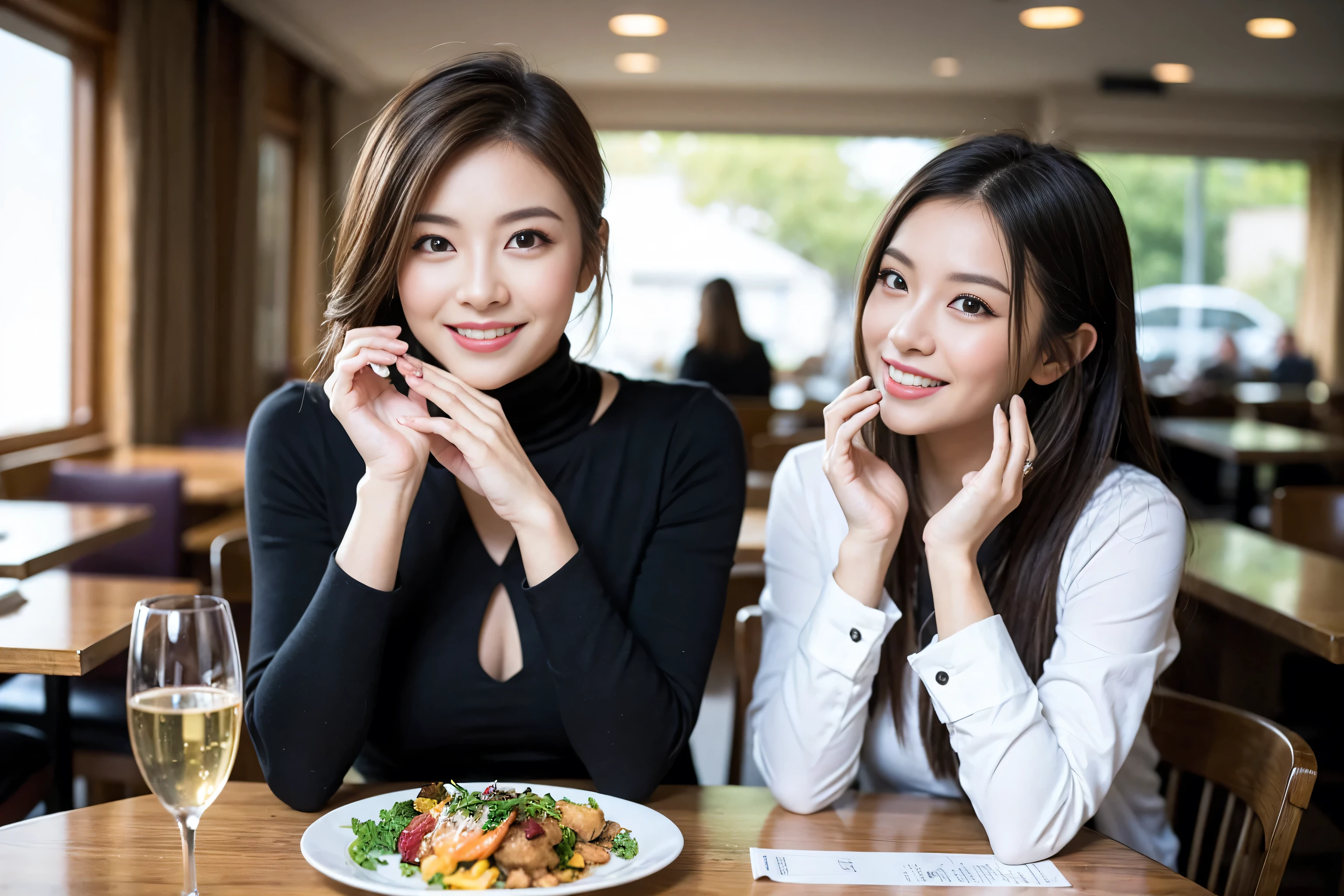 ((Highest quality、8k、masterpiece:1.3))、cute、Slim couple、Model Couple、Actress、(Realistic, Intricate details:1.2), full-course dinner、Wine Party、Amazing view of the sunset sky and clouds、A bright smile、short hair,Bright Face、 (45 years old), 42 years old, red wine 、Appetizers、Italian food、Wine bottle、Champagne、sparkling wine、Two beauties、Brown Hair、Shortcuts、Long sleeve shirt、dress、Beautiful woman 1, (Slim face), (The body is slim), (Brown Hair), (Shortcuts), cheeks turn a little red,Attractive beauty、restaurant, In a prominent place (From the waist up) Nova Frog Style, actress, model, Upper Body, White wine, slim, wine glass, A wine glass placed in the center, smile, (smile: 1.15), Beautiful fine grain, Depth f/2,saturation, High Contrast, Strong light and shadow,Moist Body:1.5、3D texture、Delicate eyes、Brown Hair、The hair is very shiny、