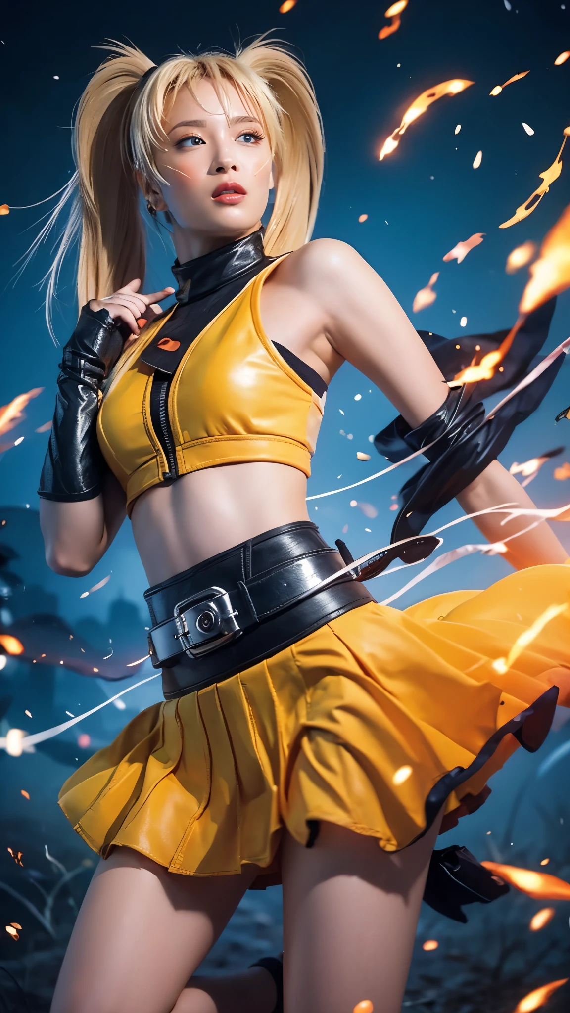 Moisturized skin, (gradient eyes), realistic body, (adult female body), energetic, (), (girl), crop top,
BREAK,
bright red lipstick, (beautiful navel), (golden hair), beautiful hair, (Naruto Uzumaki's clothes), (twintails), (leather), mini skirt,
BREAK,
((masterpiece + highest quality + high resolution + highly detailed)), (full body: 1.2), symmetrical, one shot,
BREAK,
(electric shock), (wind blows), (blue electricity), (battle stance: 1.4),
BREAK,
assassination, cut, kunai, fantastical, dynamic,