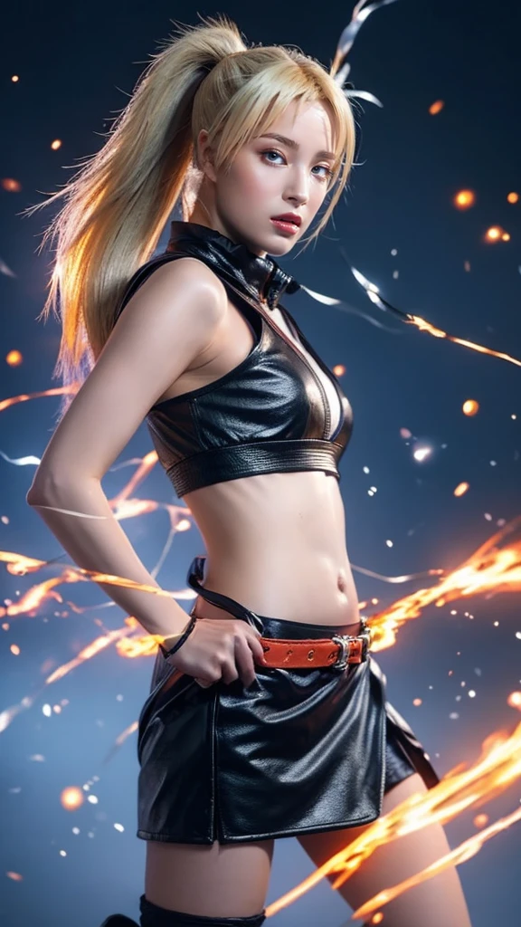 Moisturized skin, (gradient eyes), realistic body, (adult female body), energetic, (16 years old), (girl), crop top,
BREAK,
bright red lipstick, (beautiful navel), (golden hair), beautiful hair, (Naruto Uzumaki's clothes), (twintails), (leather), mini skirt,
BREAK,
((masterpiece + highest quality + high resolution + highly detailed)), (full body: 1.2), symmetrical, one shot,
BREAK,
(electric shock), (wind blows), (blue electricity), (battle stance: 1.4),
BREAK,
assassination, cut, kunai, fantastical, dynamic,
