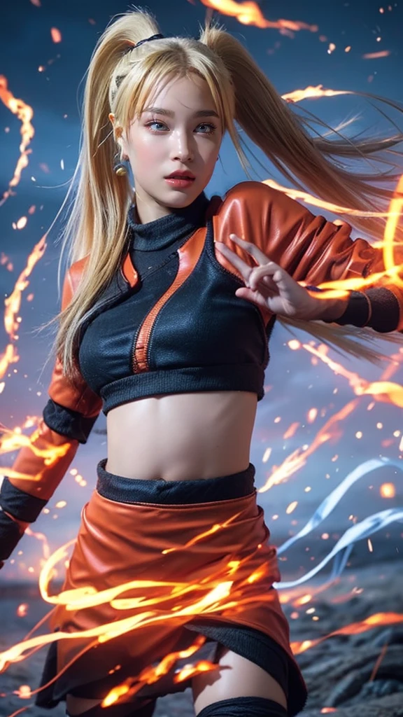 Moisturized skin, (gradient eyes), realistic body, (adult female body), energetic, (), (girl), crop top,
BREAK,
bright red lipstick, (beautiful navel), (golden hair), beautiful hair, (Naruto Uzumaki's clothes), (twintails), (leather), mini skirt,
BREAK,
((masterpiece + highest quality + high resolution + highly detailed)), (full body: 1.2), symmetrical, one shot,
BREAK,
(electric shock), (wind blows), (blue electricity), (battle stance: 1.4),
BREAK,
assassinatiocut, kunai, fantastical, dynamic,