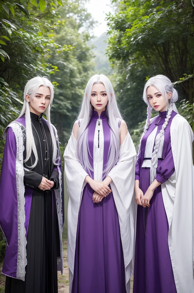 Create 3 not so similar triplets, one with white hair in the middle, another on the side with white hair and one with purple hair, nature wizards surrounded by nature