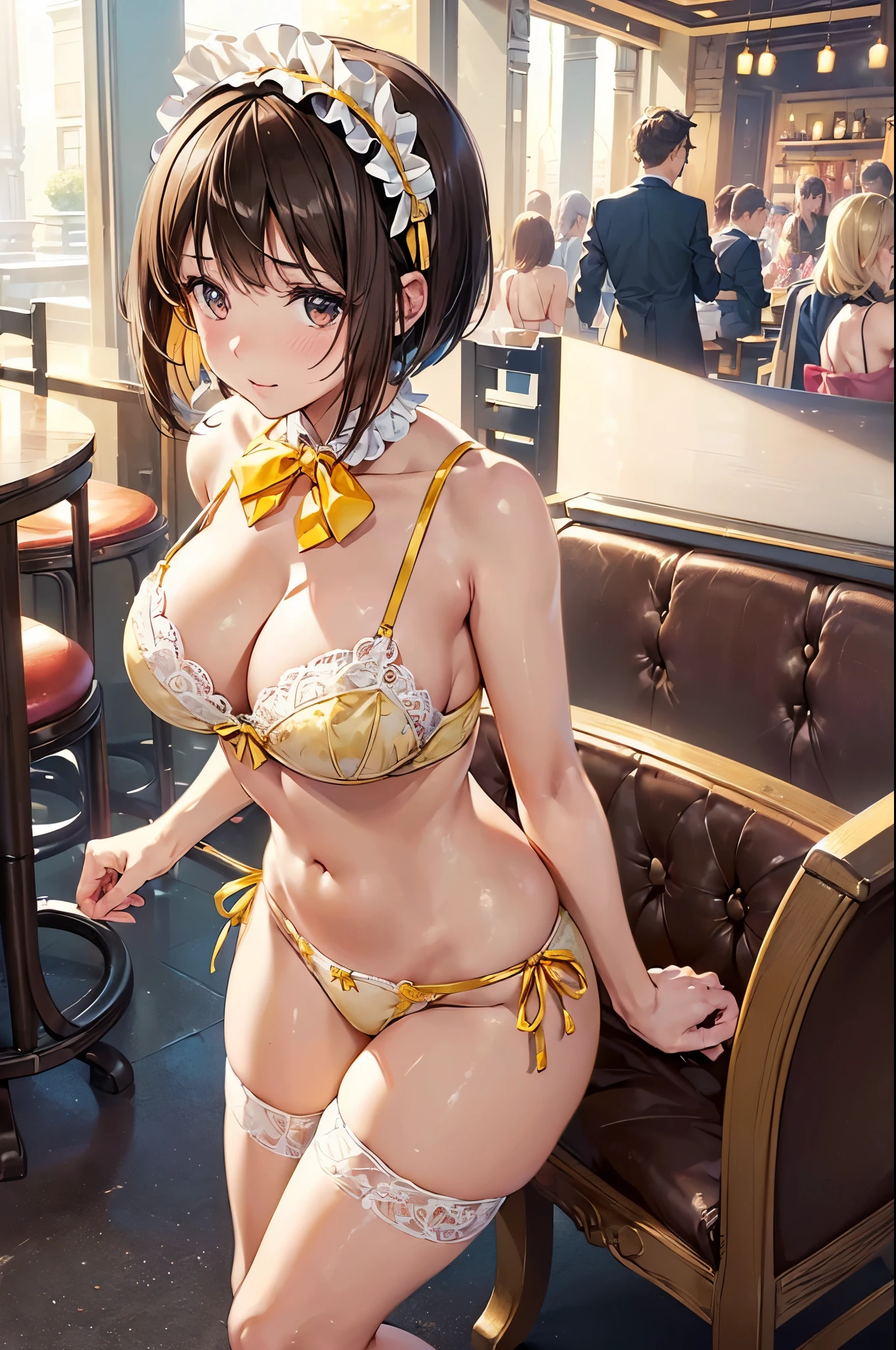 (((masterpiece, Highest quality, High resolution, 超High resolution, Perfect Pixel, Depth of written boundary, 4K, RTTX 10.0))), Beautiful Anime Woman, Beautiful art style, Anime characters, ((Smooth texture, Realistic texture, Anime CG Style)), Perfect and accurate finger count、Exact number of legs、(Exact number of arms:1.0, Exact number of hands:1.0), (Perfect hands, Perfect Anatomy), Cinematic, Realistic, Extremely detailed CG, Daytime lighting, Perfect lighting, Best Shadow, The best natural light, whole body, Perfect body, バランのとれたPerfect body, Perfectly balanced style, Slender body, ((bangs, Dark brown hair, Bobcut)), ((A cute adult woman is standing facing this way:1.8)), ((Bow tie around neck:1.3), (Sexy and stylish yellow underwear:1.3), (Stylish shiny yellow satin panties, Side-tie panties, Panties with plain yellow center and lace decoration on the sides:1.4), (Thin panties:1.3), (Yellow micro lace satin bra, Yellow bra with lace trim around the edges, Thin bra:1.4), (lace garter belt, Garter Strings, Knee socks:1.3), (Big frilly headband:1.3):1.3), (Beautiful big boobs:1.1), (Embarrassed expression:1.7), blush, (Stylish restaurant, Many visitors in the background, Inside the crowded store, Tables and chairs filled with male customers, Many men sitting at tables and chairs, The attention men are giving her:1.7), naked, In underwear, Angle from the front, Nakaseko Kaori