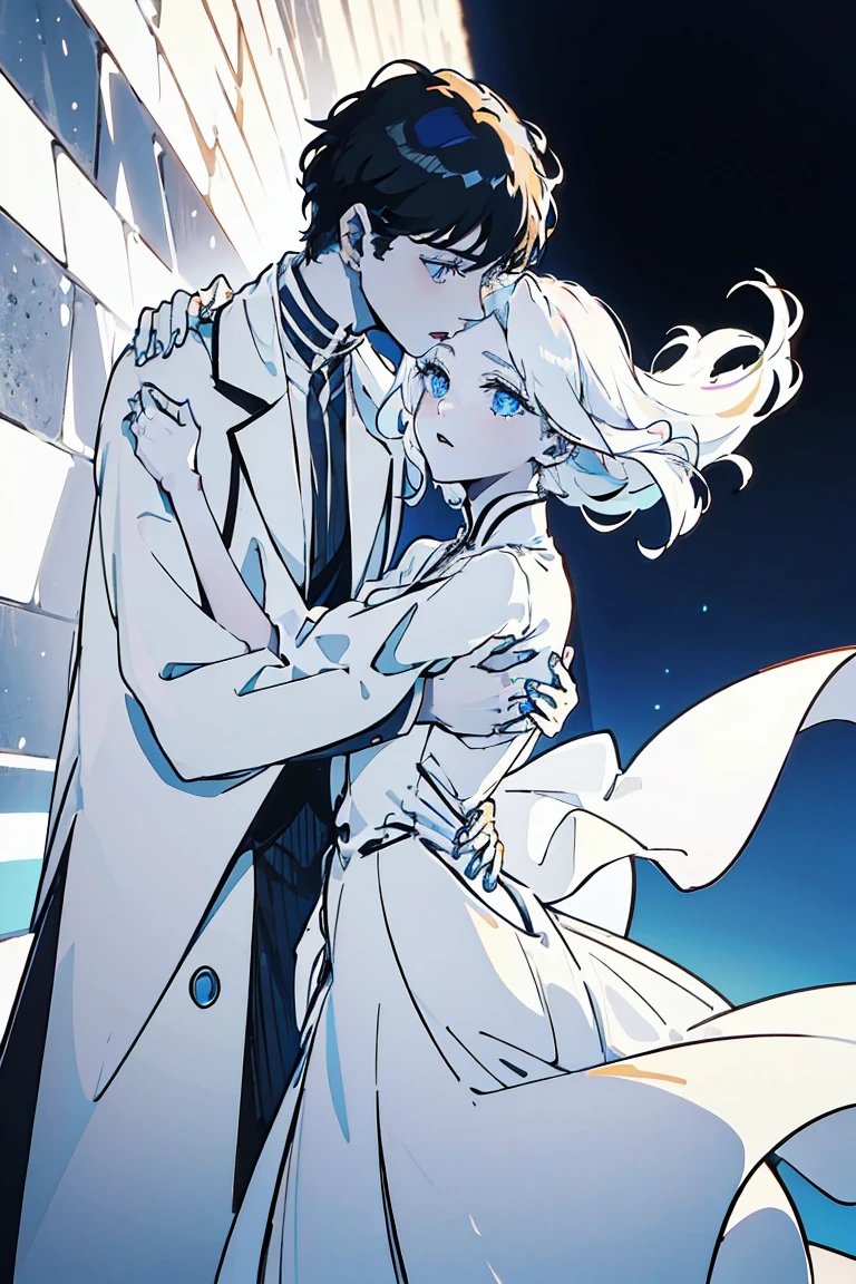 Girl with golden eyes , pale white skin , long white hair , , a somewhat short summer dress , With a boy , hugged (Boy with black hair , blue eyes , high , handsome)