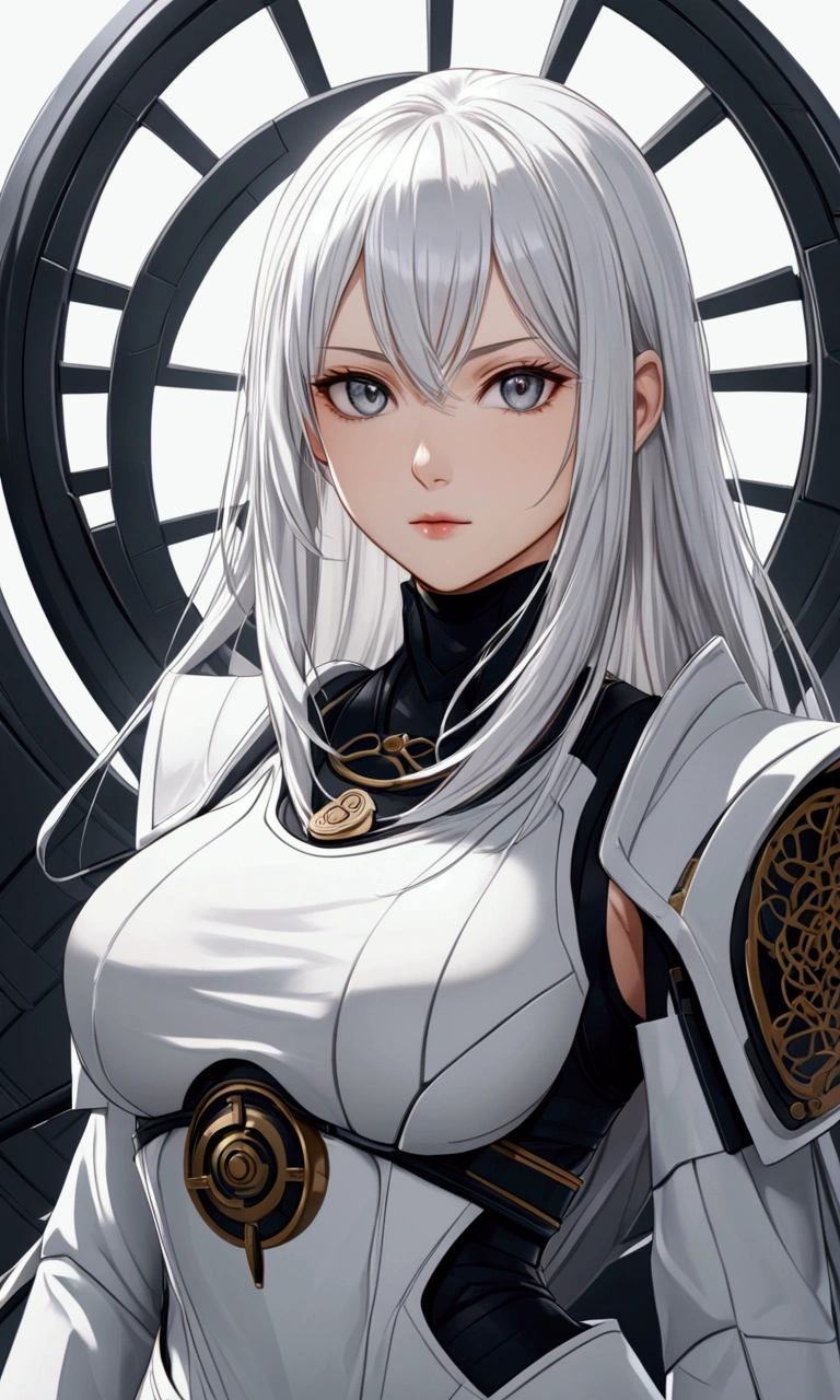 A girl with long smooth white hair,mature grey eyes,fair skin tone, average height,futuristic samurai fit, detailed eyes, detailed body,long shot, 8k highres best quality.