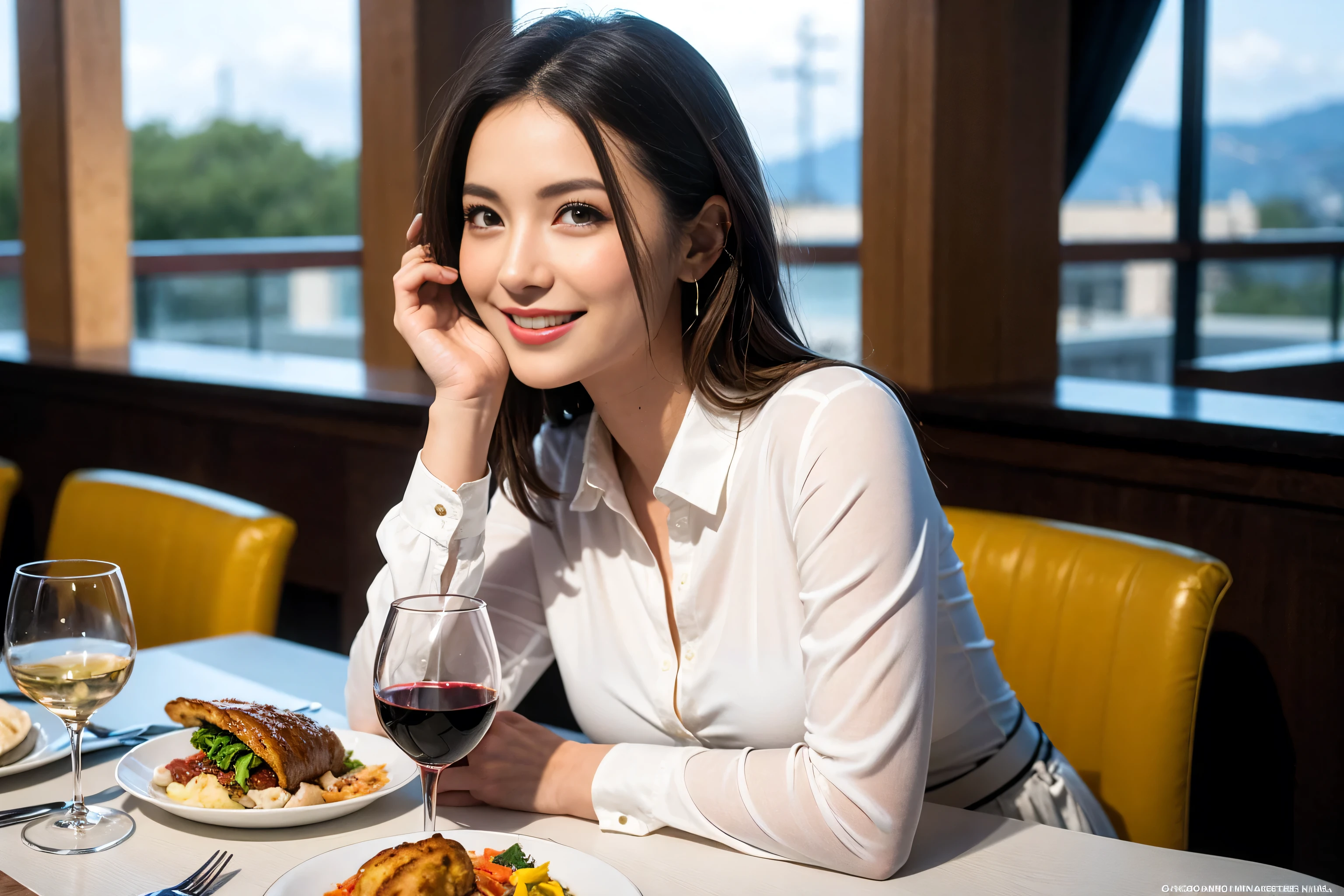 ((Highest quality、8k、masterpiece:1.3))、cute、Slim couple、Model Couple、Actress、(Realistic, Intricate details:1.2), full-course dinner、Wine Party、Amazing view of the sunset sky and clouds、A bright smile、short hair,Bright Face、 (45 years old), 42 years old, red wine 、Appetizers、Italian food、Wine bottle、Champagne、sparkling wine、Two beauties、Brown Hair、Shortcuts、Long sleeve shirt、dress、Beautiful woman 1, (Slim face), (The body is slim), (Brown Hair), (Shortcuts), cheeks turn a little red,Attractive beauty、restaurant, In a prominent place (From the waist up) Nova Frog Style, actress, model, Upper Body, White wine, slim, wine glass, A wine glass placed in the center, smile, (smile: 1.15), Beautiful fine grain, Depth f/2,saturation, High Contrast, Strong light and shadow,Moist Body:1.5、3D texture、Delicate eyes、Brown Hair、The hair is very shiny、