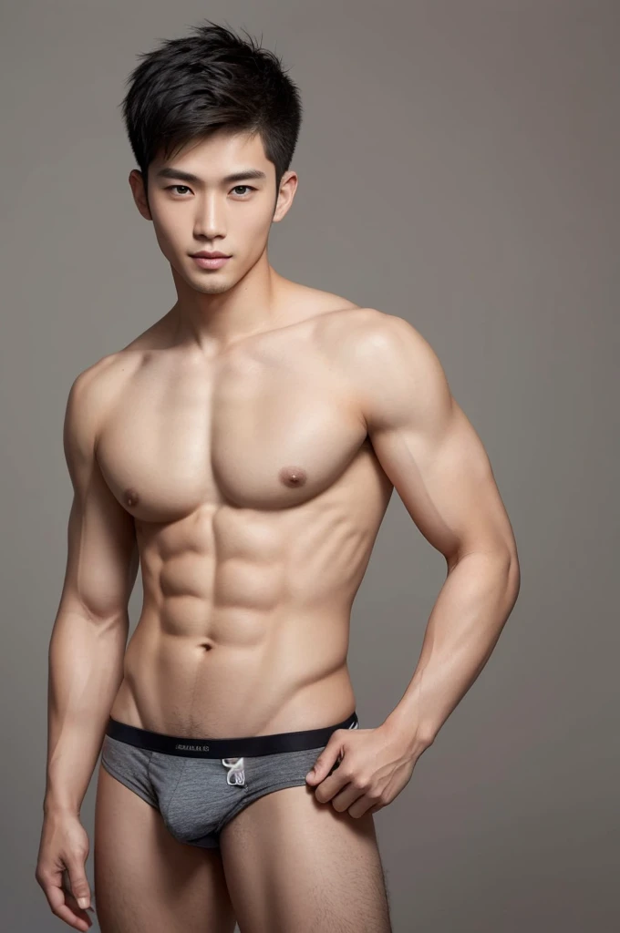 Japanese male model in panties, Full Body Shoot, Quiff haircut, look at camera, detailed facial parts, Manly, Charmer, Active Boy, stand in front of gray background, Freestyle Pose, Happy Expression, perfect anatomy, symmetric body, asian boy 19 years old, shirtless :: high detail, asian, a little six packs attractive body, realistic, human skin, Short Hairstyle, handsome chad chin, shirtless, handsome, attractive, masculine, sexually attractive, human skin, (eyes contact), Handsome, Attractive