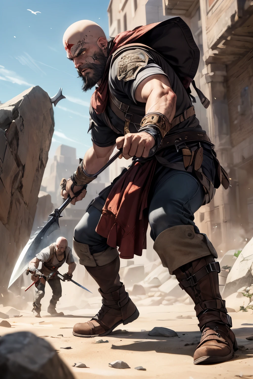 ((best quality)), ((masterpiece)), (detailed), 2mens are fighting(god of war)(kratos), using axe and blades in the desert rocks, one man got hit by kratos axe and the bloods comesout from the body
